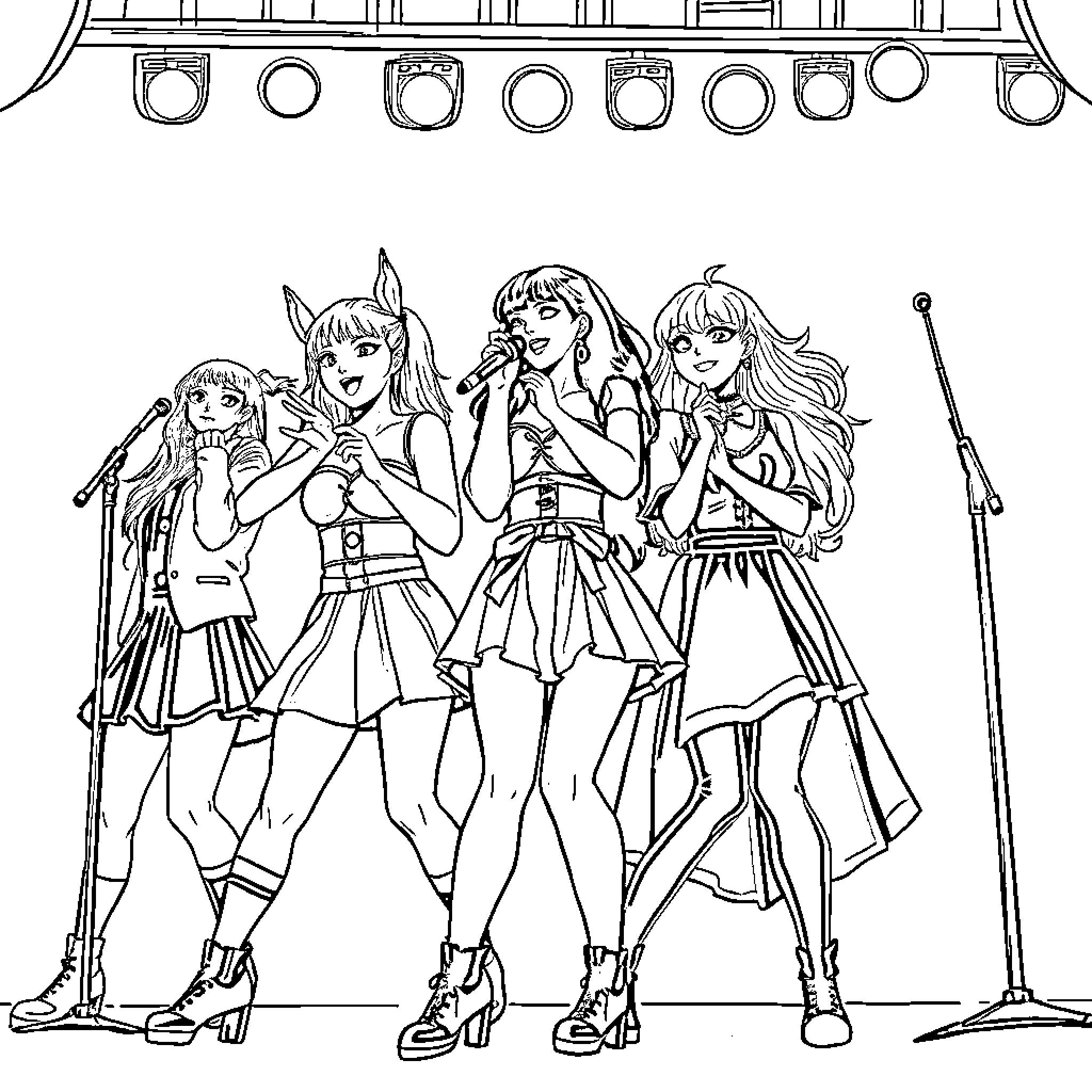 K3 Musical Performance on Stage Coloring Page (free black-and-white line drawing printable PDF for all, from beginners to advanced learners, including children, teens, adults, and seniors)