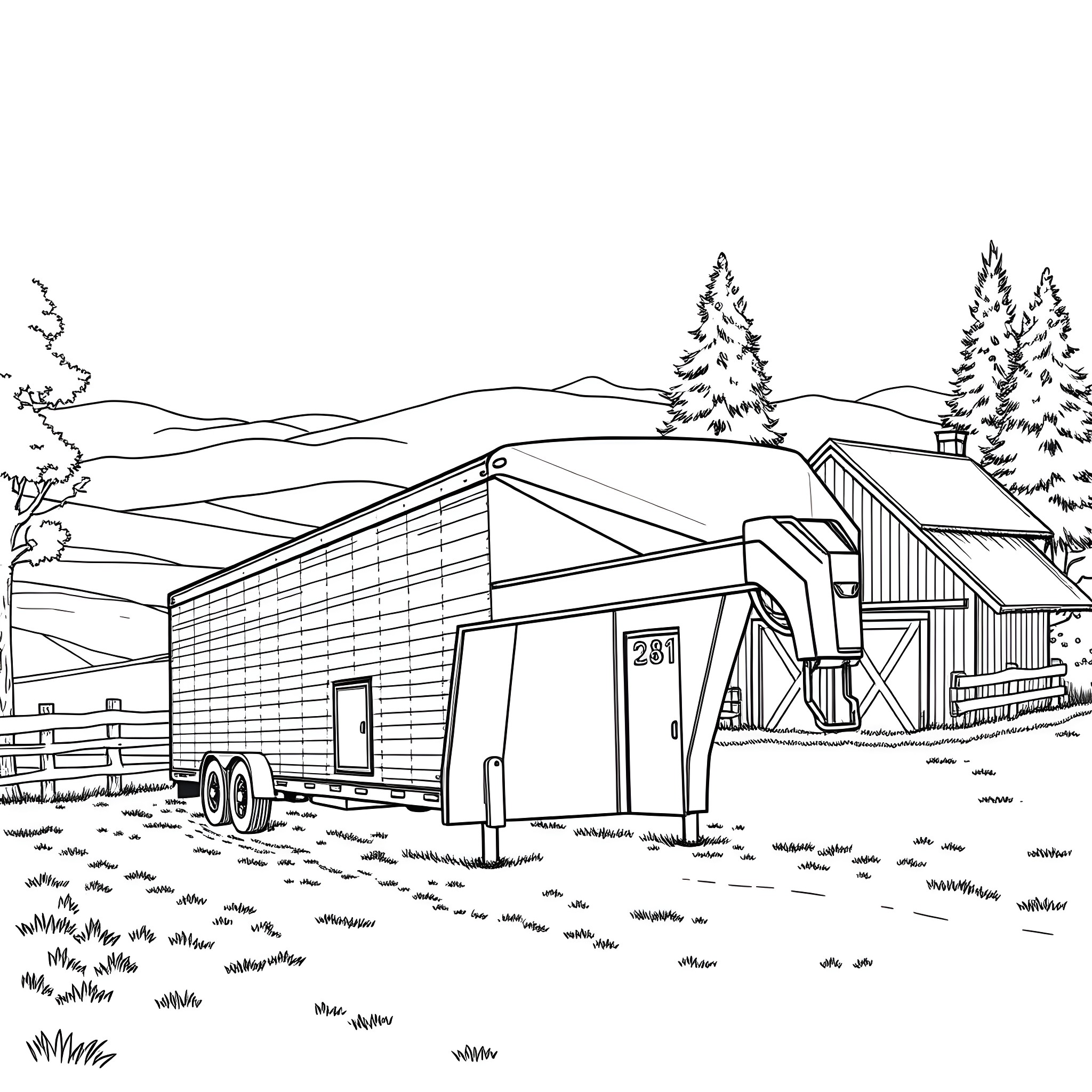Gooseneck Trailer Parked at Rural Cabin in Nature Coloring Page (free black-and-white line drawing printable PDF for all, from beginners to advanced learners, including children, teens, adults, and seniors)