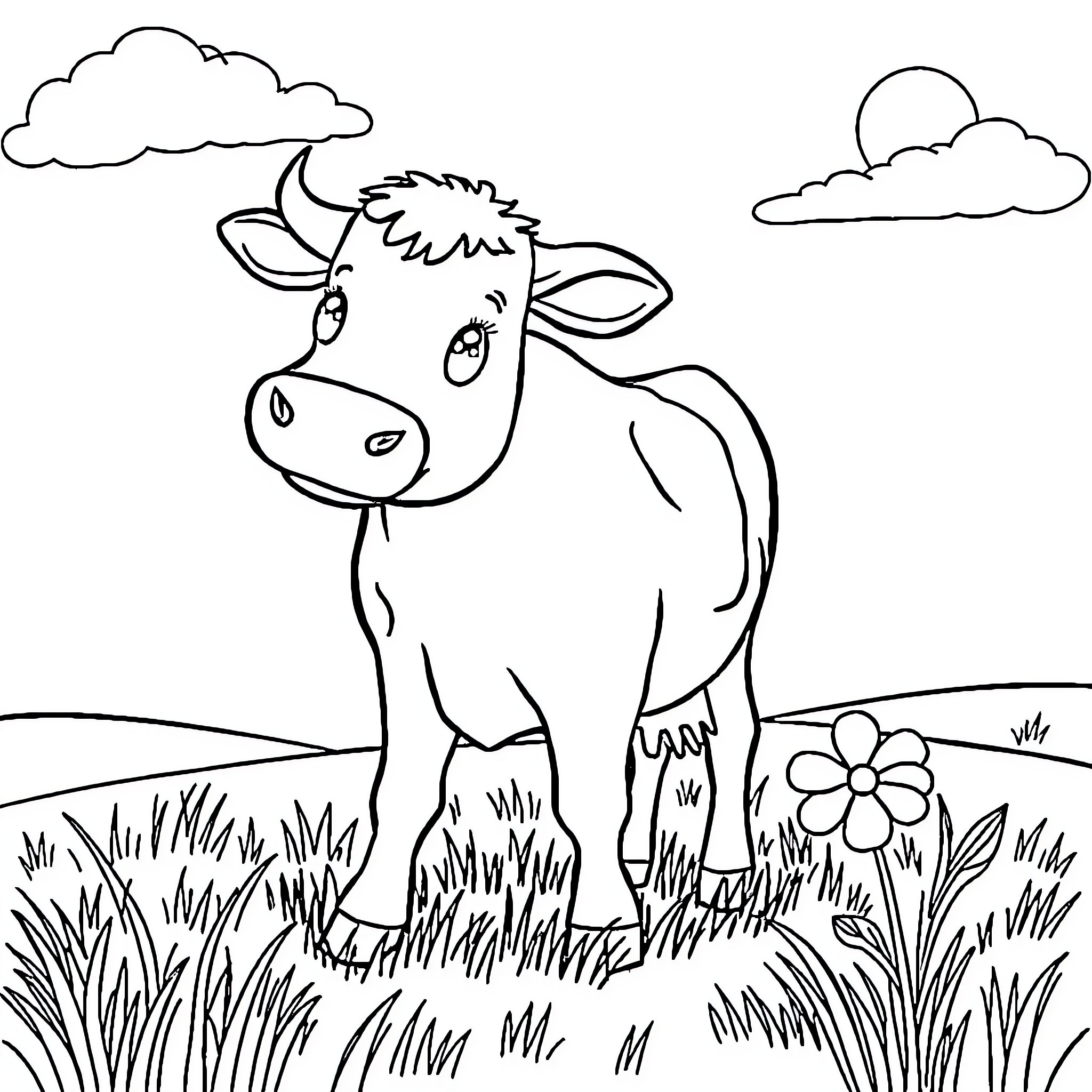 Cow happily grazing in a meadow Coloring Page (free black-and-white line drawing printable PDF for all, from beginners to advanced learners, including children, teens, adults, and seniors)