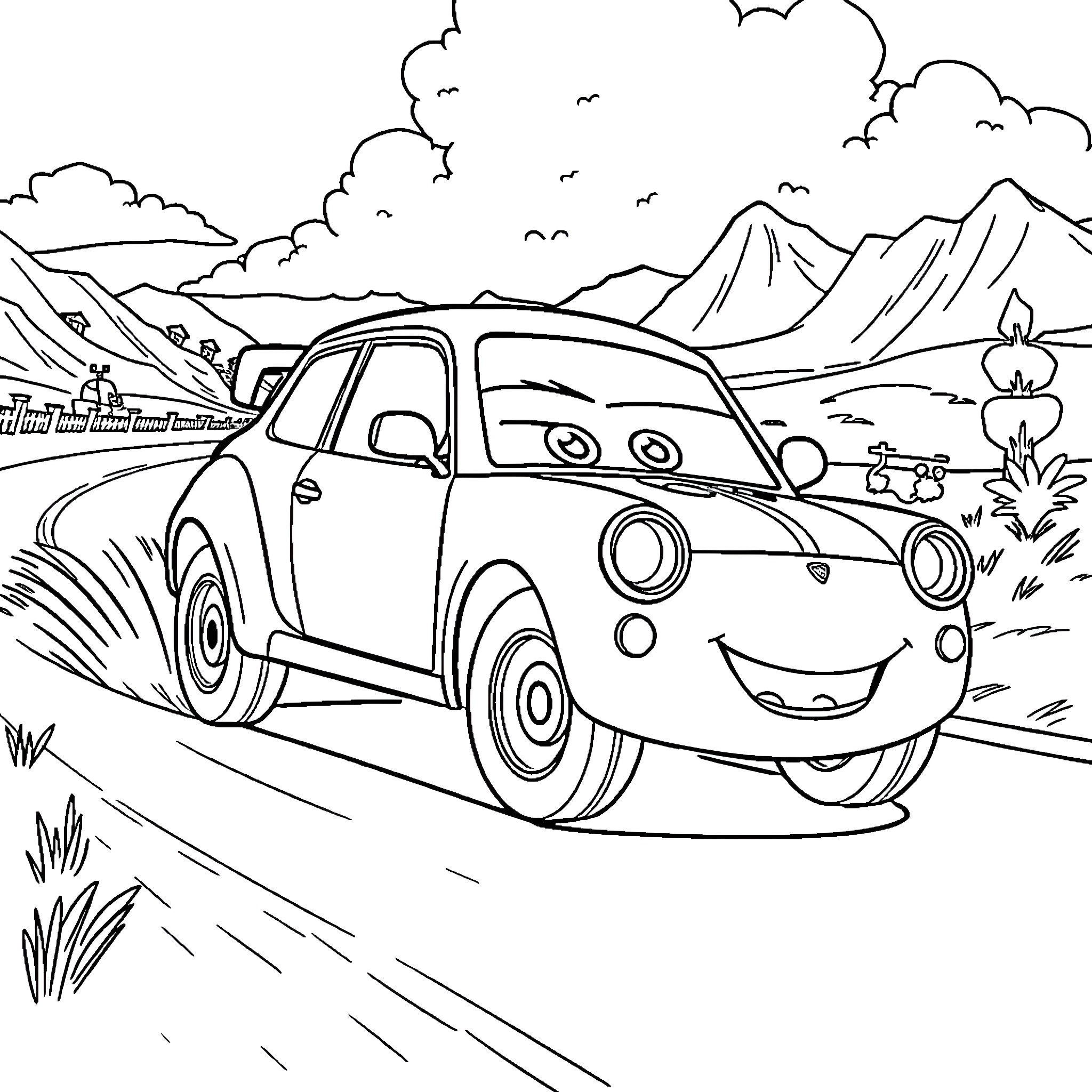 Dacia Smiling Car in Mountainous Landscape Coloring Page (free black-and-white line drawing printable PDF for all, from beginners to advanced learners, including children, teens, adults, and seniors)