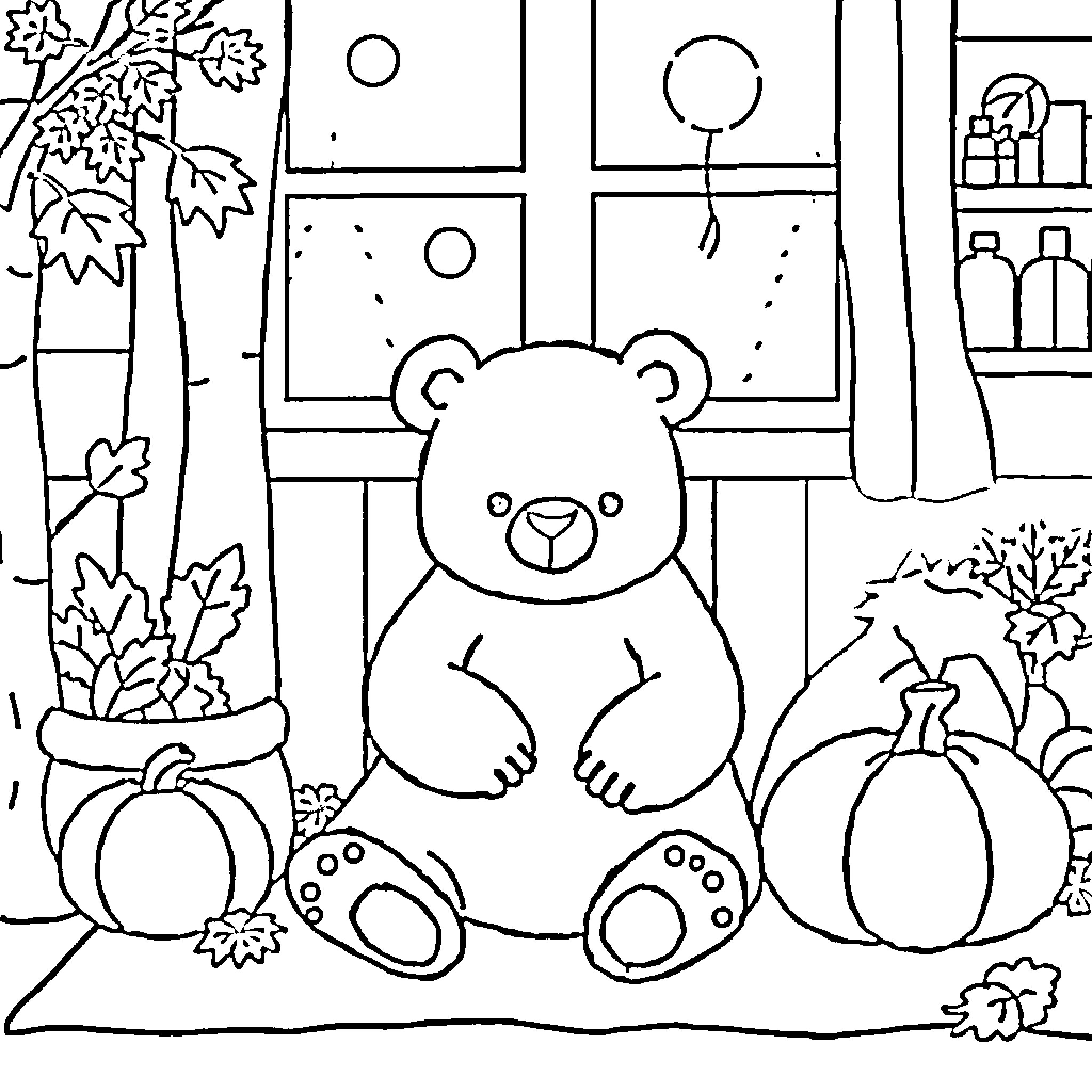 Bear sitting with pumpkins and fall decor Coloring Page (free black-and-white line drawing printable PDF for all, from beginners to advanced learners, including children, teens, adults, and seniors)