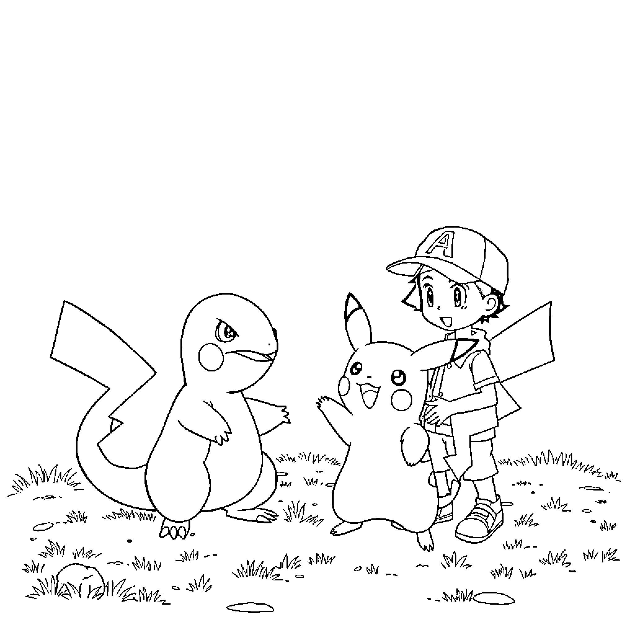 Pikachu and Trainer exploring the outdoors Coloring Page (free black-and-white line drawing printable PDF for all, from beginners to advanced learners, including children, teens, adults, and seniors)