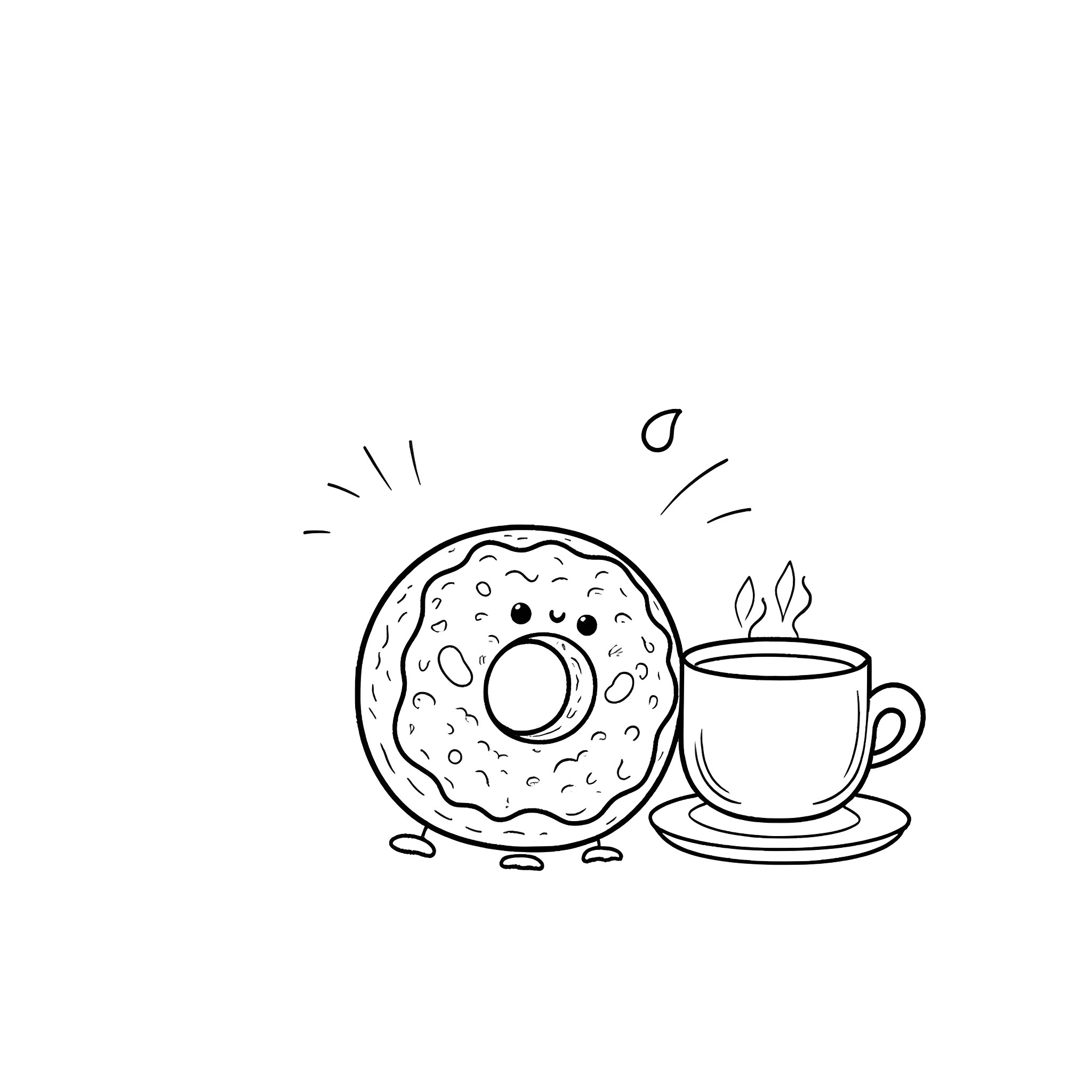 Donut and Coffee Cup in Casual Cartoon Style Coloring Page (free black-and-white line drawing printable PDF for all, from beginners to advanced learners, including children, teens, adults, and seniors)