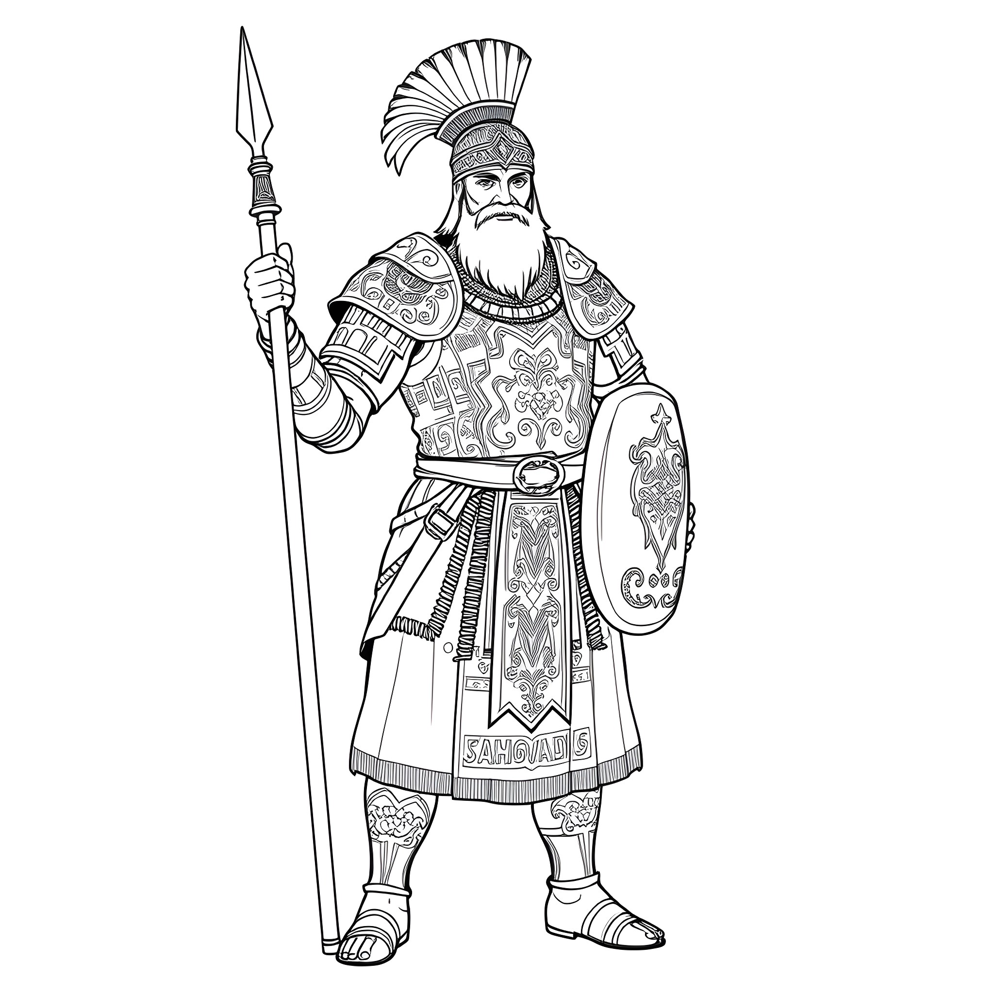 Warrior in Ornate Armor Wielding Spear and Shield Coloring Page (free black-and-white line drawing printable PDF for all, from beginners to advanced learners, including children, teens, adults, and seniors)