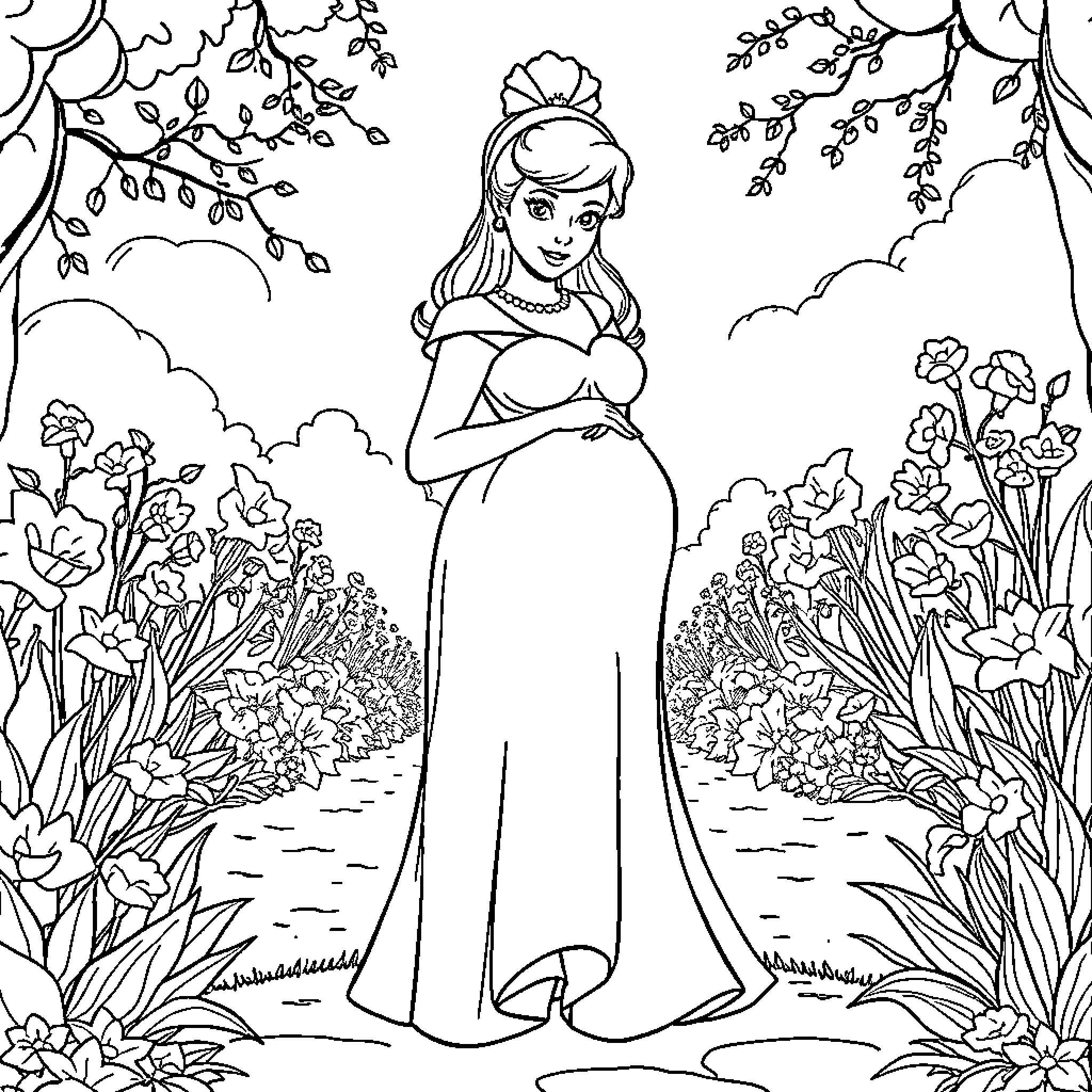 Cinderella in a Serene Garden Setting Coloring Page (free black-and-white line drawing printable PDF for all, from beginners to advanced learners, including children, teens, adults, and seniors)