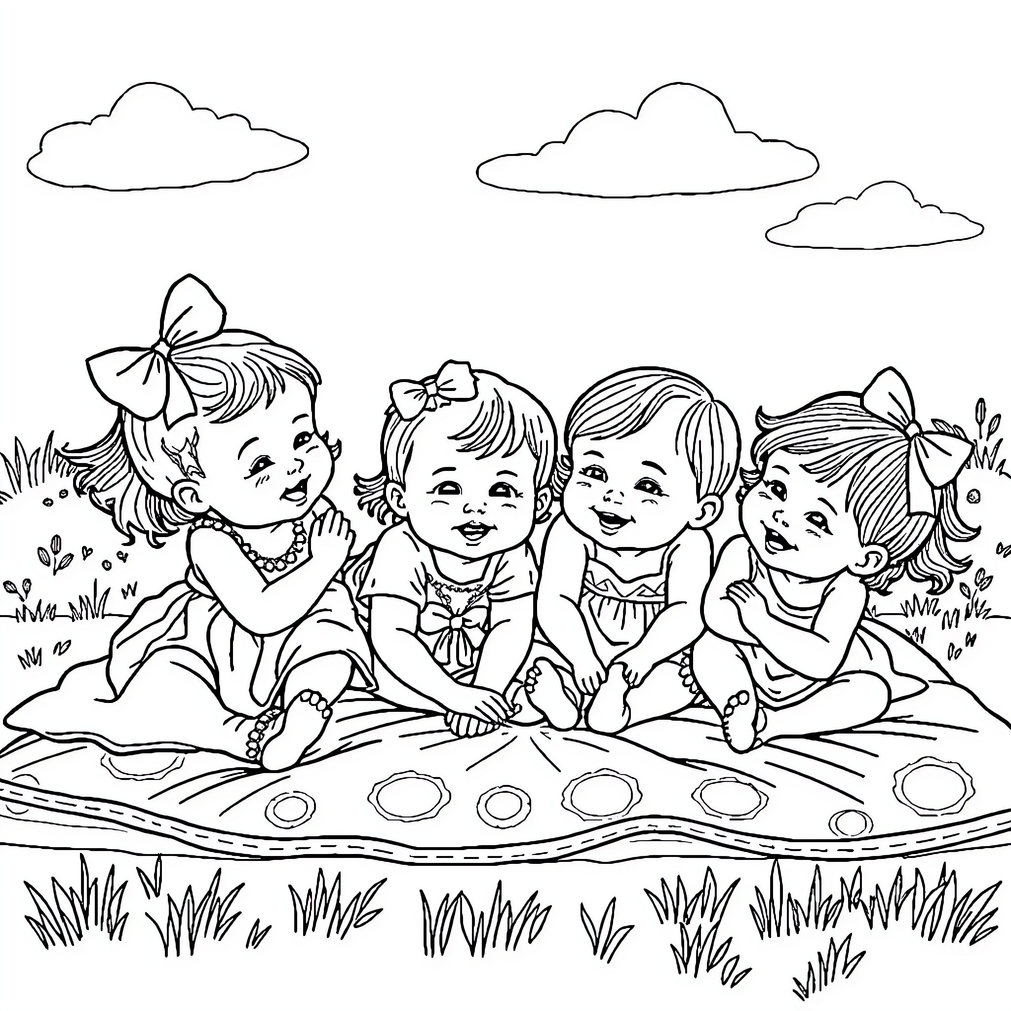 Baby Girls Playing Happily in a Grassy Field Coloring Page (free black-and-white line drawing printable PDF for all, from beginners to advanced learners, including children, teens, adults, and seniors)