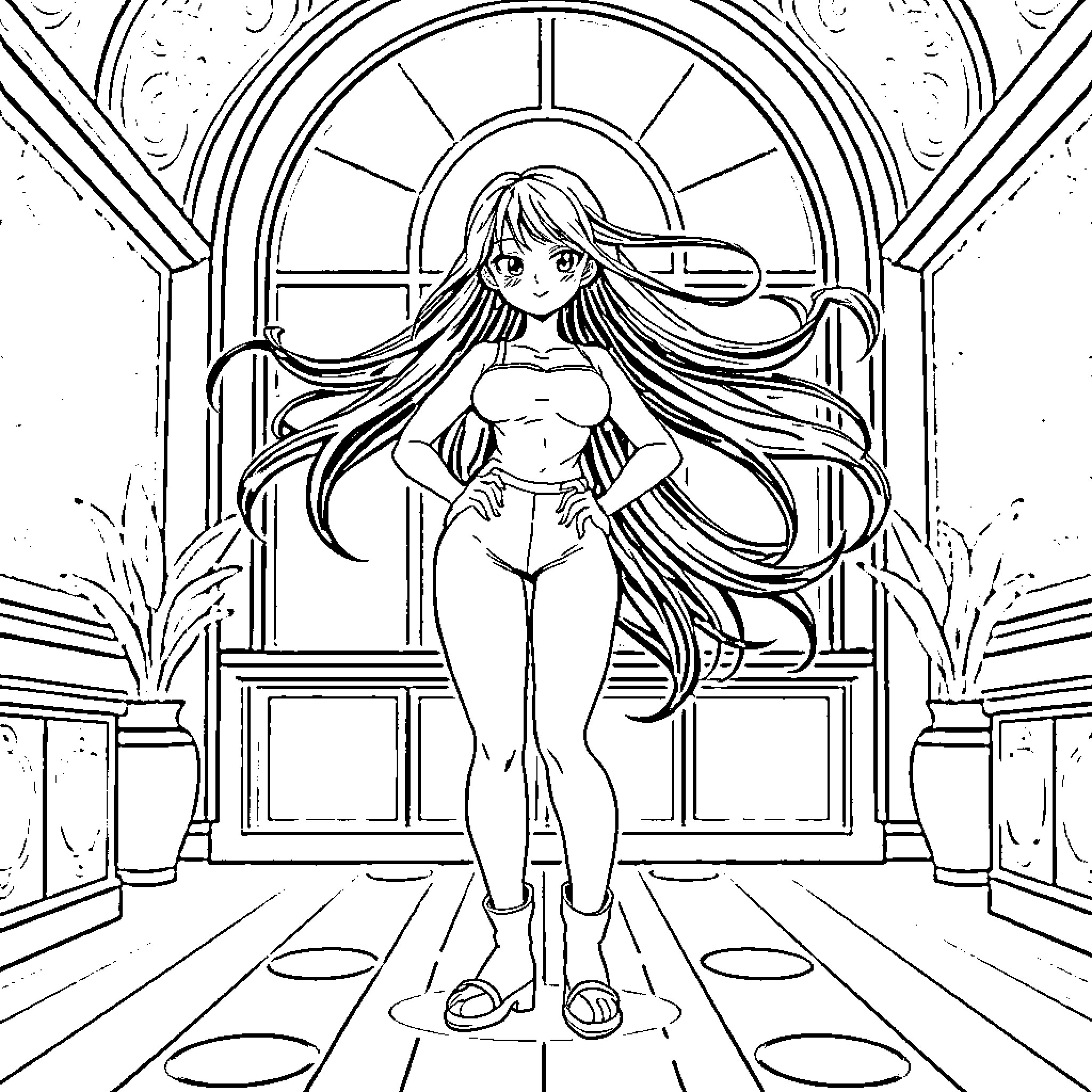 Nami posing confidently in a grand hall Coloring Page (free black-and-white line drawing printable PDF for all, from beginners to advanced learners, including children, teens, adults, and seniors)