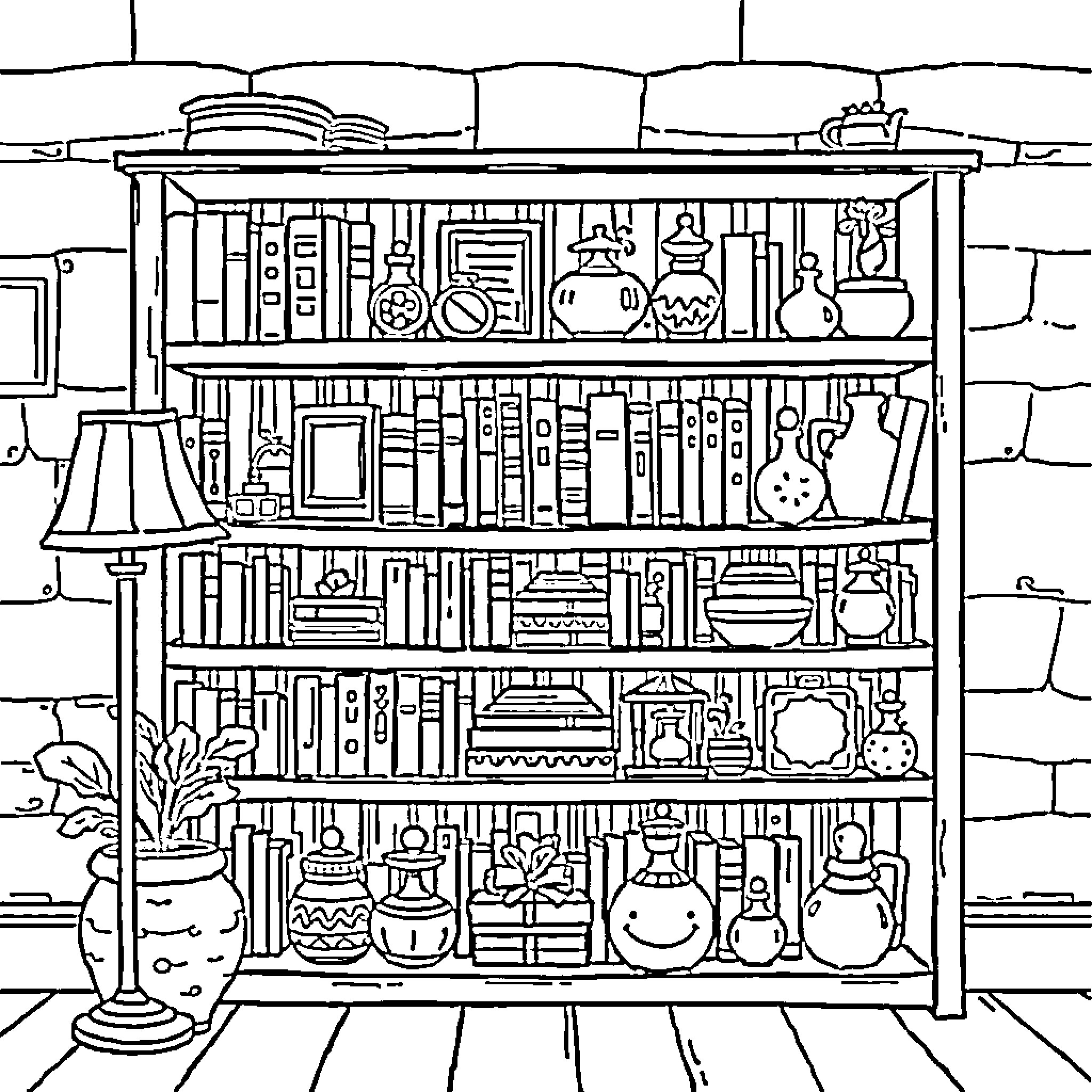 Bookshelf filled with eclectic trinkets and books Coloring Page (free black-and-white line drawing printable PDF for all, from beginners to advanced learners, including children, teens, adults, and seniors)