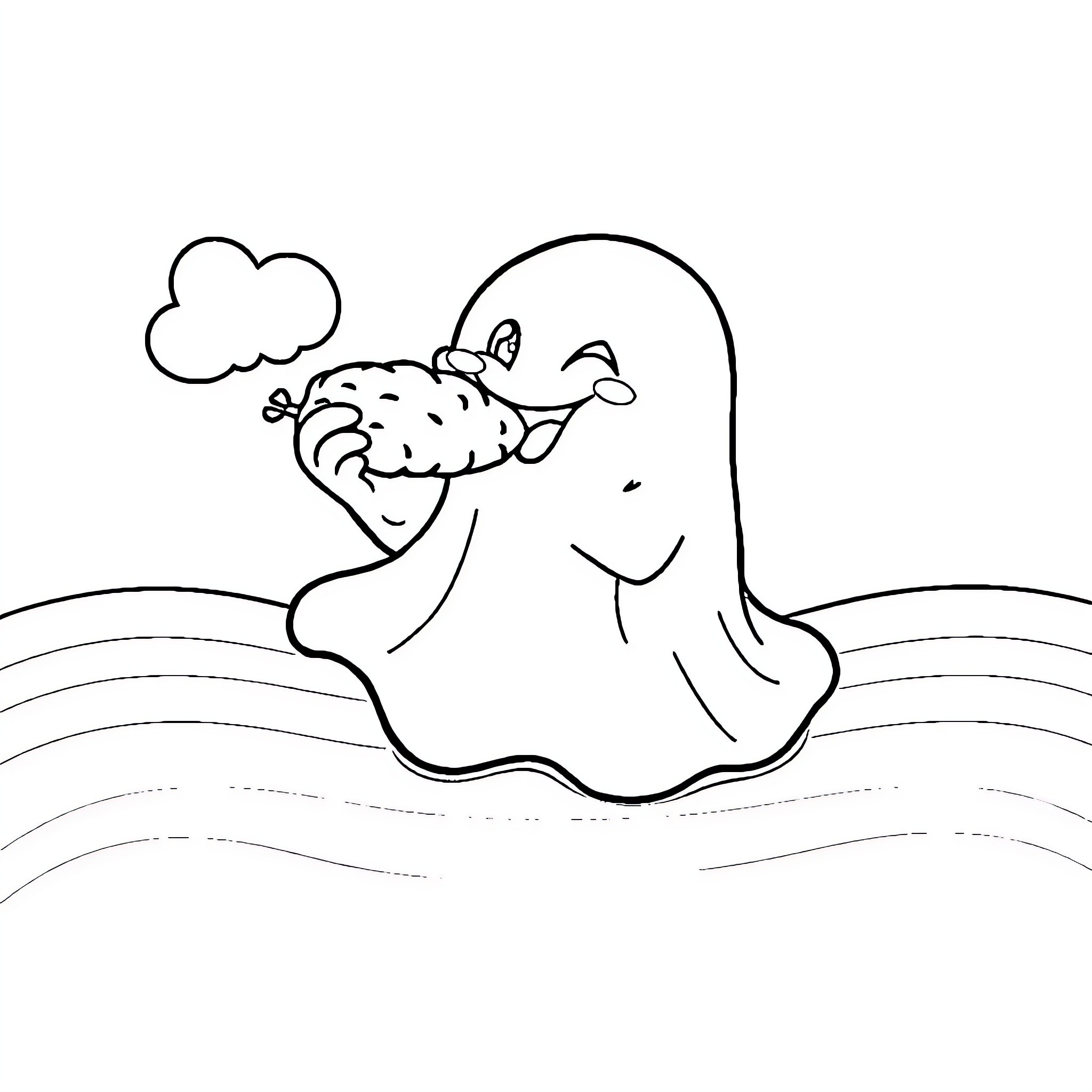 Ghost enjoying a relaxing swim in the sea Coloring Page (free black-and-white line drawing printable PDF for all, from beginners to advanced learners, including children, teens, adults, and seniors)