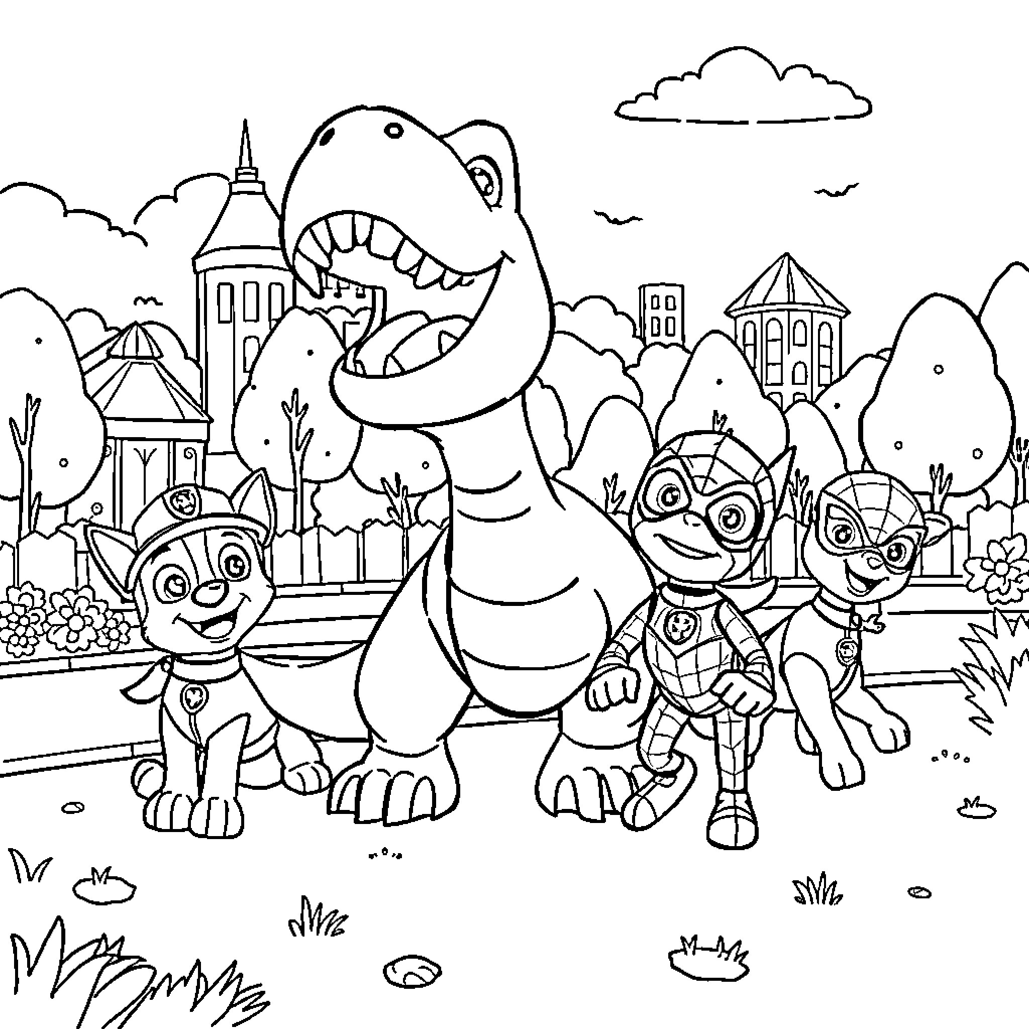 Dinosaur friends exploring a whimsical city landscape Coloring Page (free black-and-white line drawing printable PDF for all, from beginners to advanced learners, including children, teens, adults, and seniors)