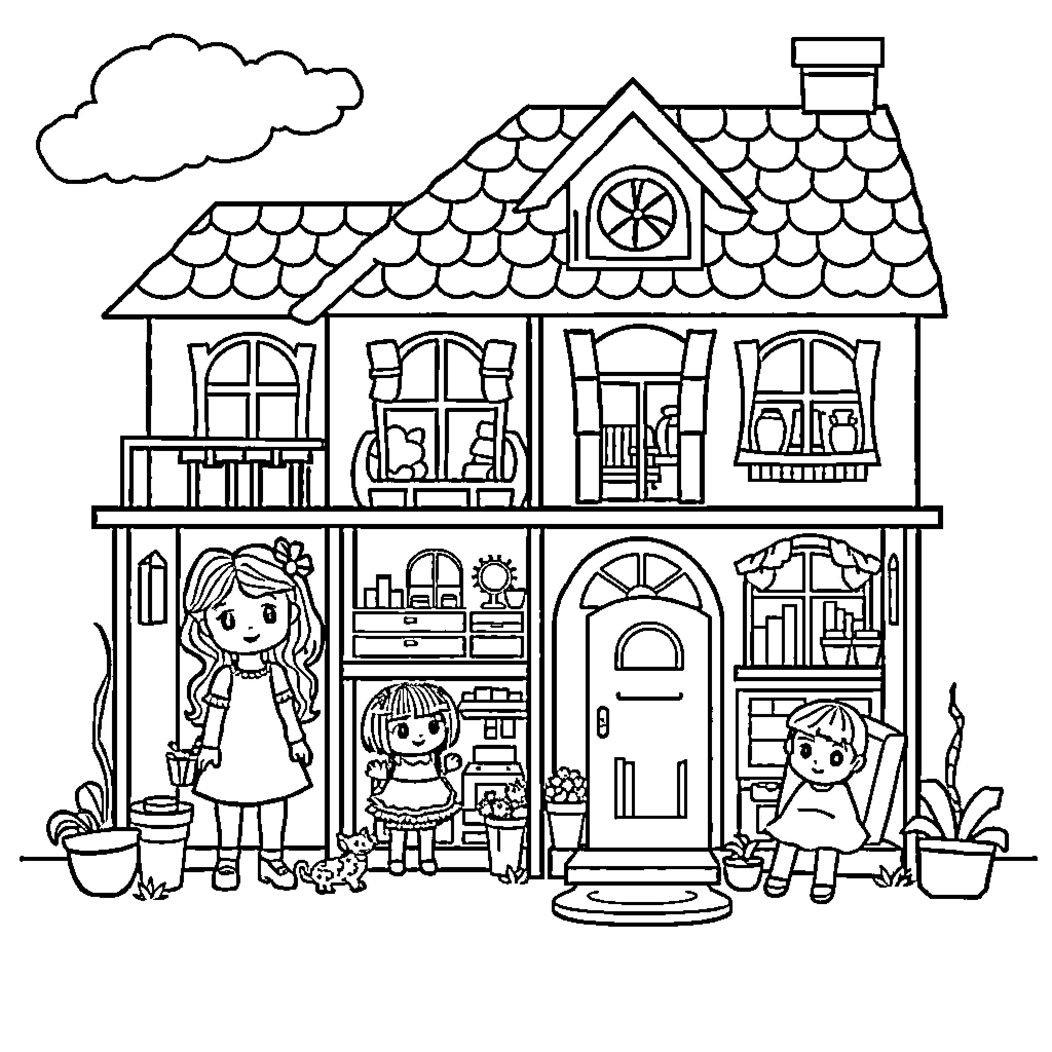Gabby's Dollhouse with Playtime Scenes Coloring Page (free black-and-white line drawing printable PDF for all, from beginners to advanced learners, including children, teens, adults, and seniors)