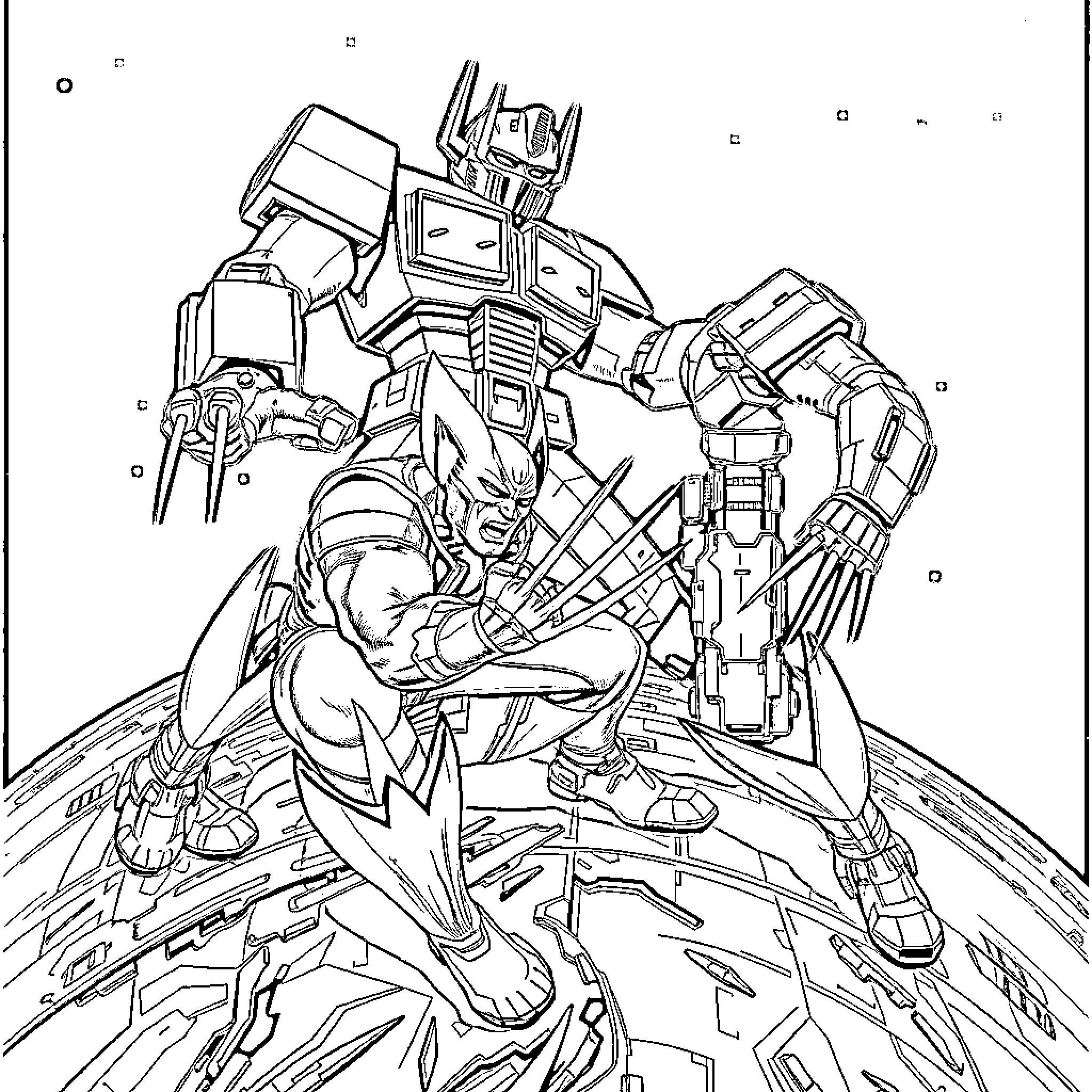 Wolverine in an intense combat with a giant robot Coloring Page (free black-and-white line drawing printable PDF for all, from beginners to advanced learners, including children, teens, adults, and seniors)