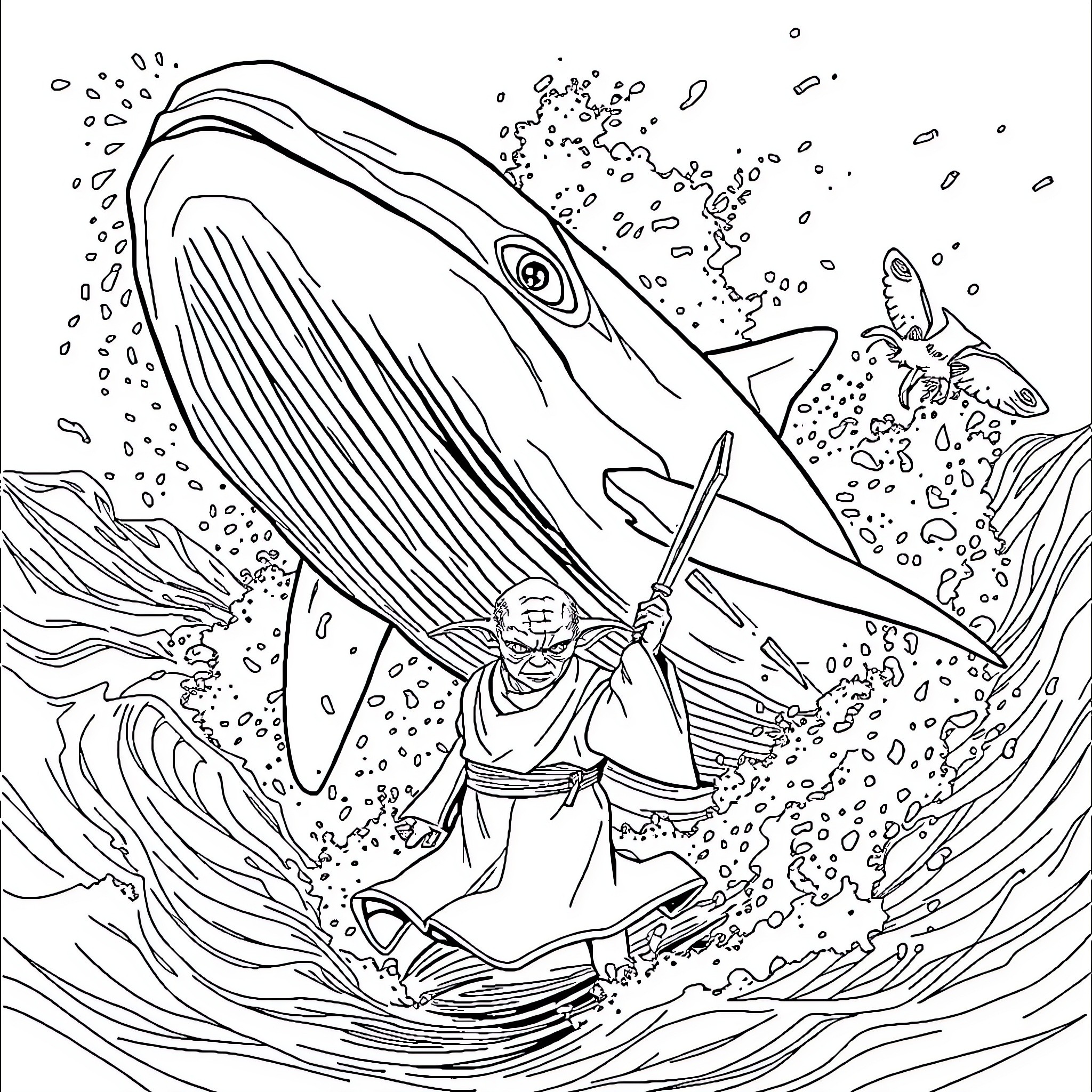 Yoda battling a giant underwater creature Coloring Page (free black-and-white line drawing printable PDF for all, from beginners to advanced learners, including children, teens, adults, and seniors)