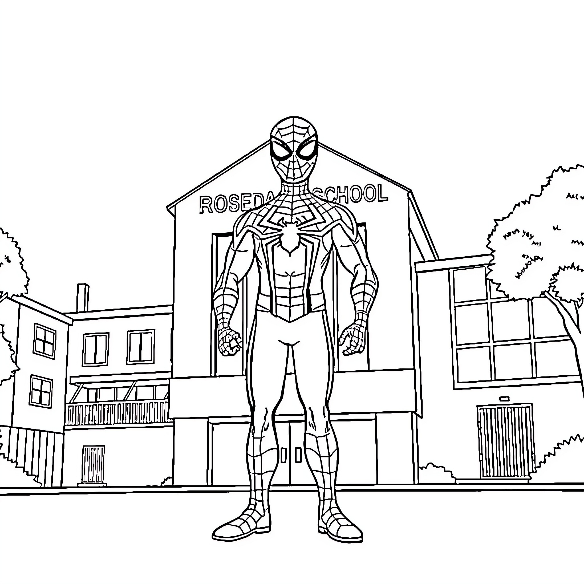 Spiderman standing in front of Midtown High School Coloring Page (free black-and-white line drawing printable PDF for all, from beginners to advanced learners, including children, teens, adults, and seniors)