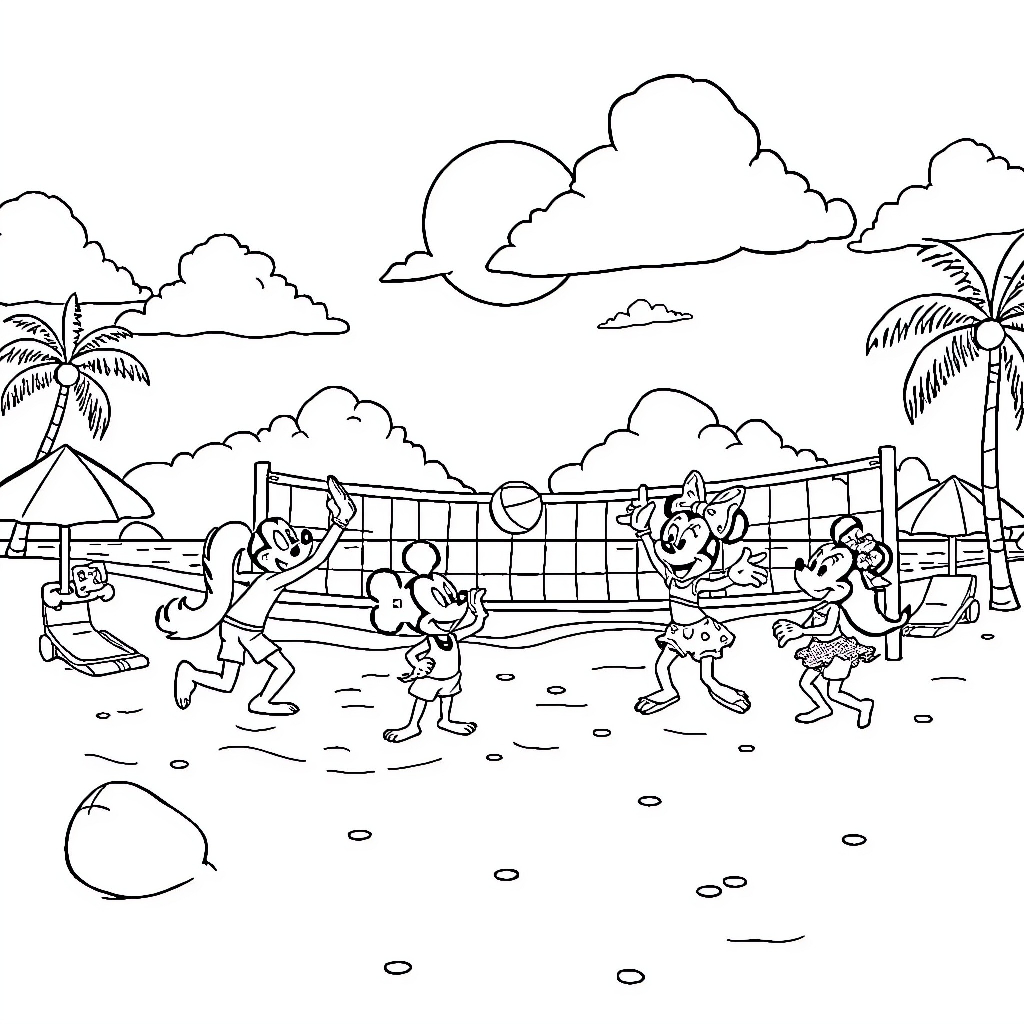 Disney Characters Playing Beach Volleyball Coloring Page (free black-and-white line drawing printable PDF for all, from beginners to advanced learners, including children, teens, adults, and seniors)