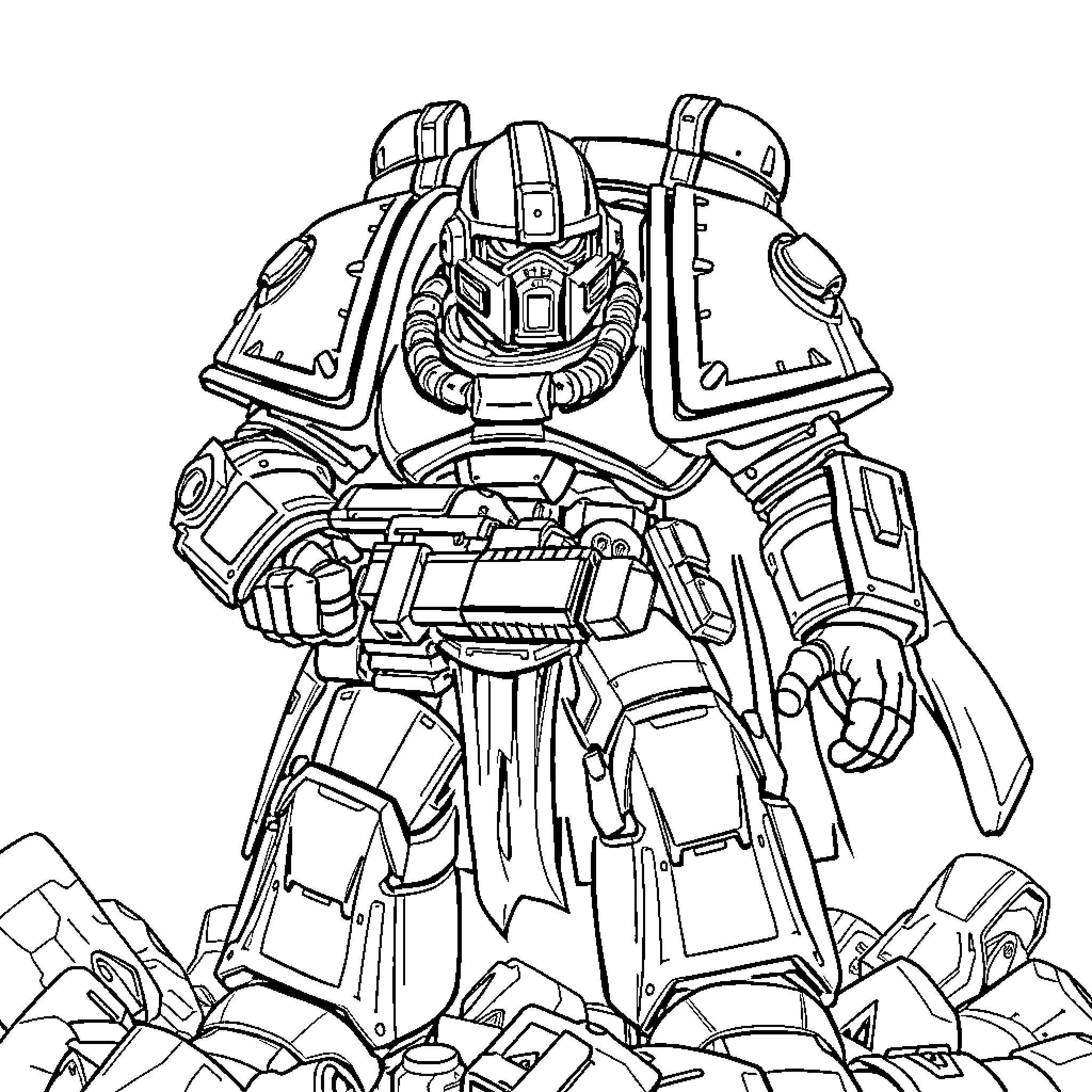 Warhammer Space Marine in Powered Armor Combat Stance Coloring Page (free black-and-white line drawing printable PDF for all, from beginners to advanced learners, including children, teens, adults, and seniors)
