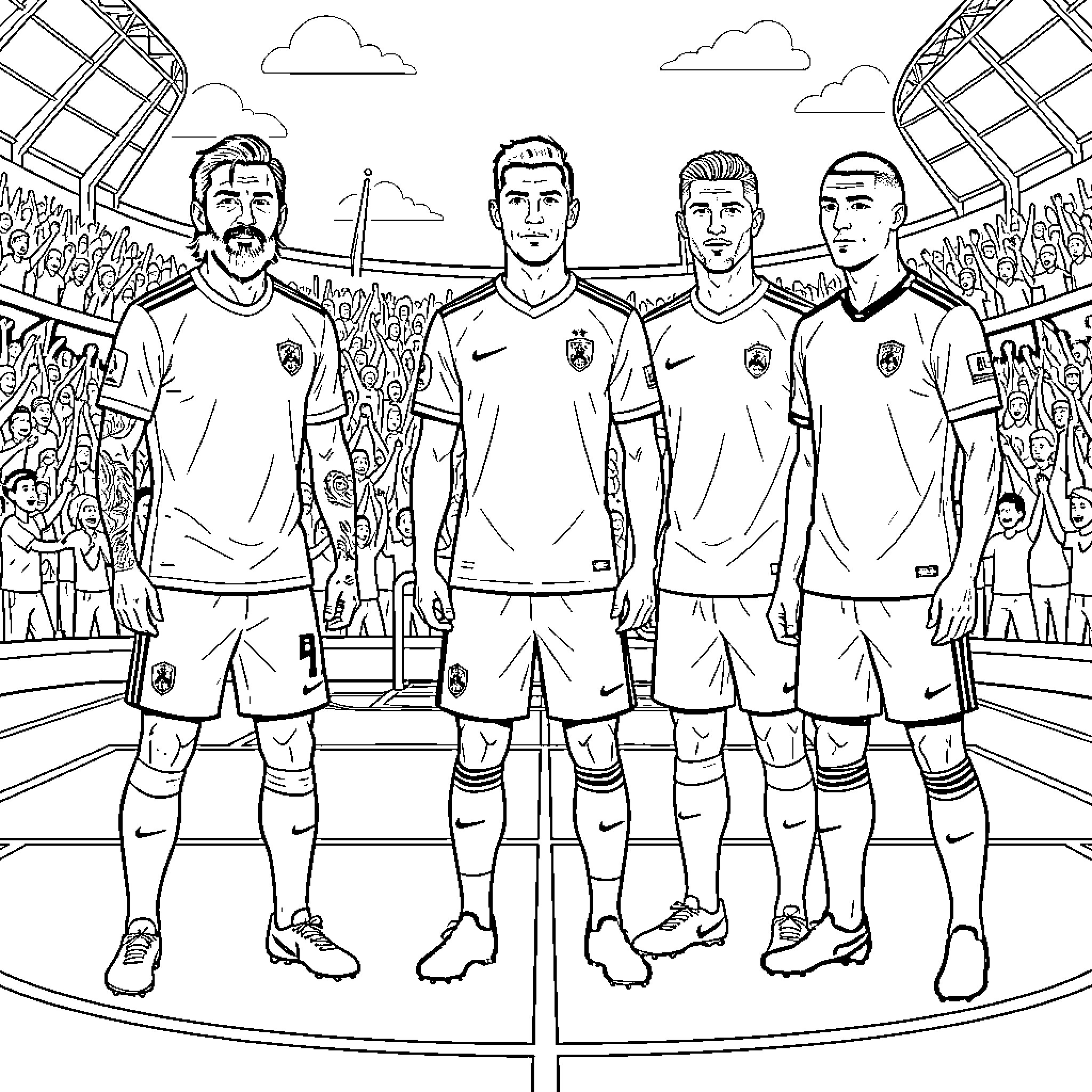 Soccer Player group standing confidently in a stadium Coloring Page (free black-and-white line drawing printable PDF for all, from beginners to advanced learners, including children, teens, adults, and seniors)