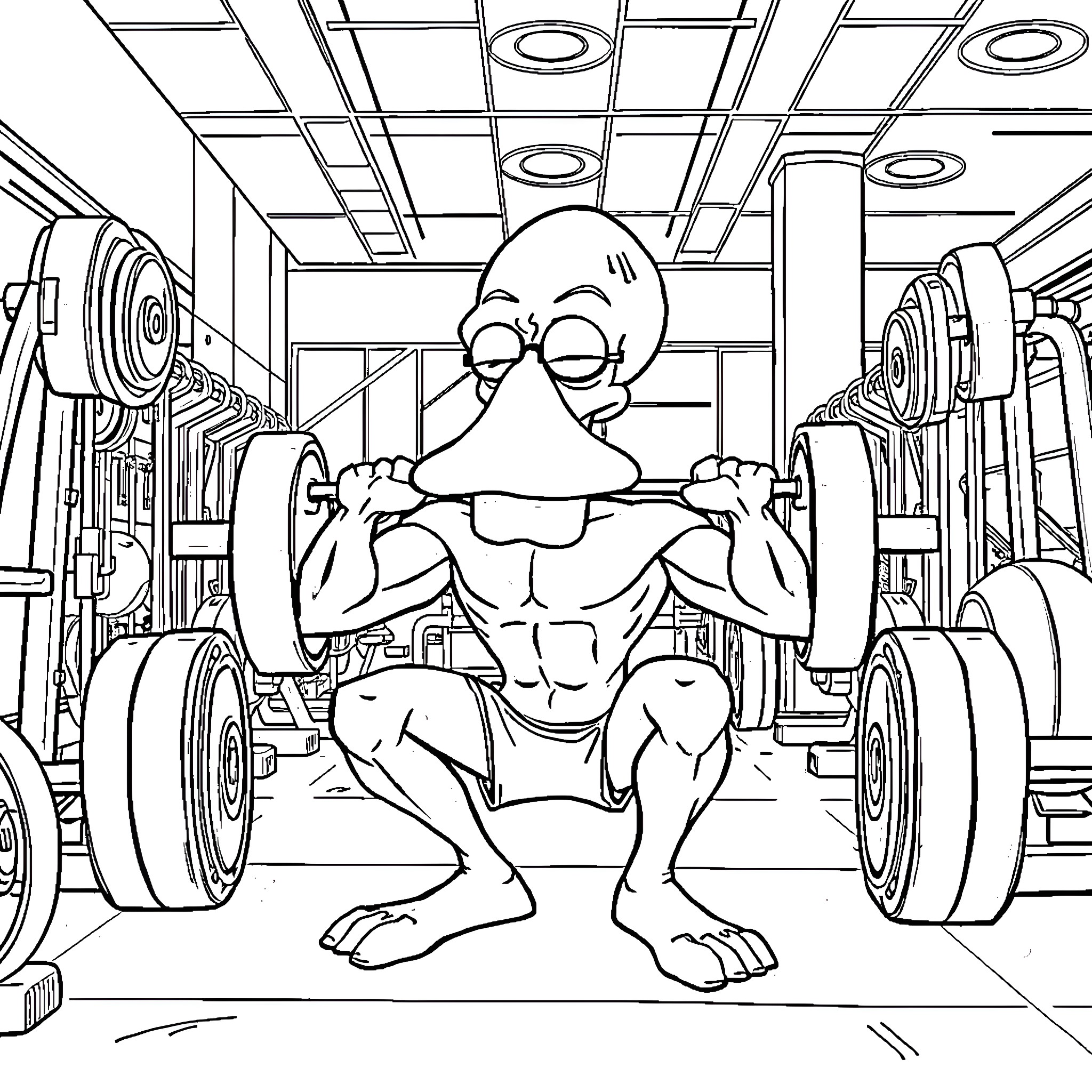 Squidward's Intense Workout at the Gym Coloring Page (free black-and-white line drawing printable PDF for all, from beginners to advanced learners, including children, teens, adults, and seniors)