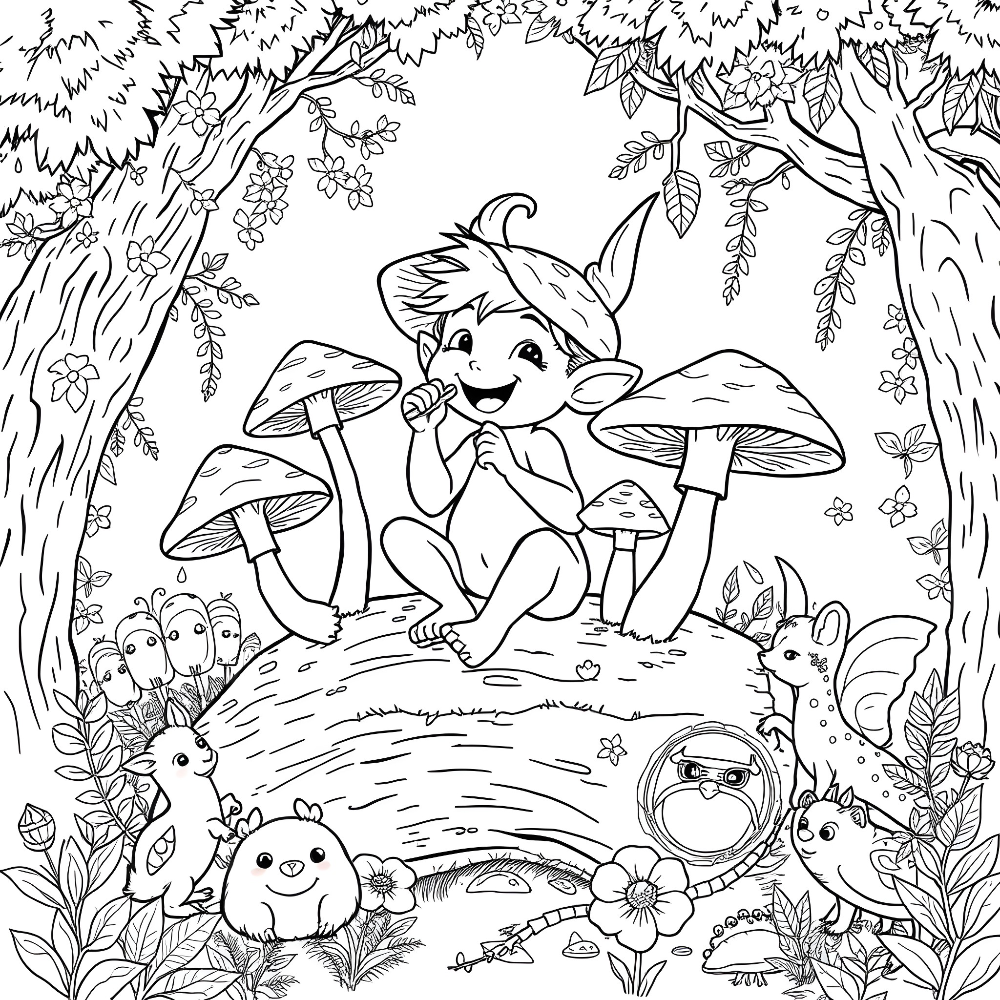 Final Fantasy Character exploring a whimsical forest scene Coloring Page (free black-and-white line drawing printable PDF for all, from beginners to advanced learners, including children, teens, adults, and seniors)