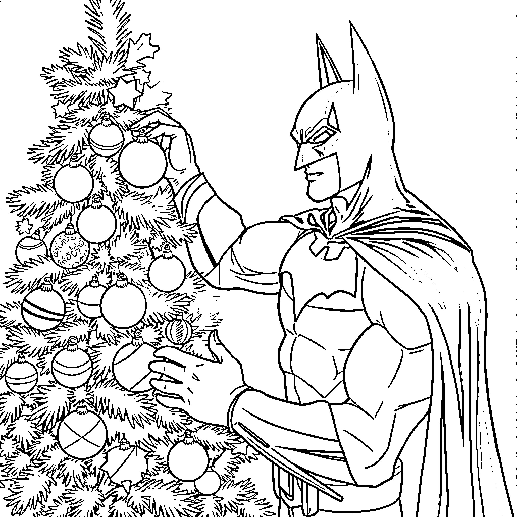Batman Decorating Christmas Tree with Ornaments Coloring Page (free black-and-white line drawing printable PDF for all, from beginners to advanced learners, including children, teens, adults, and seniors)