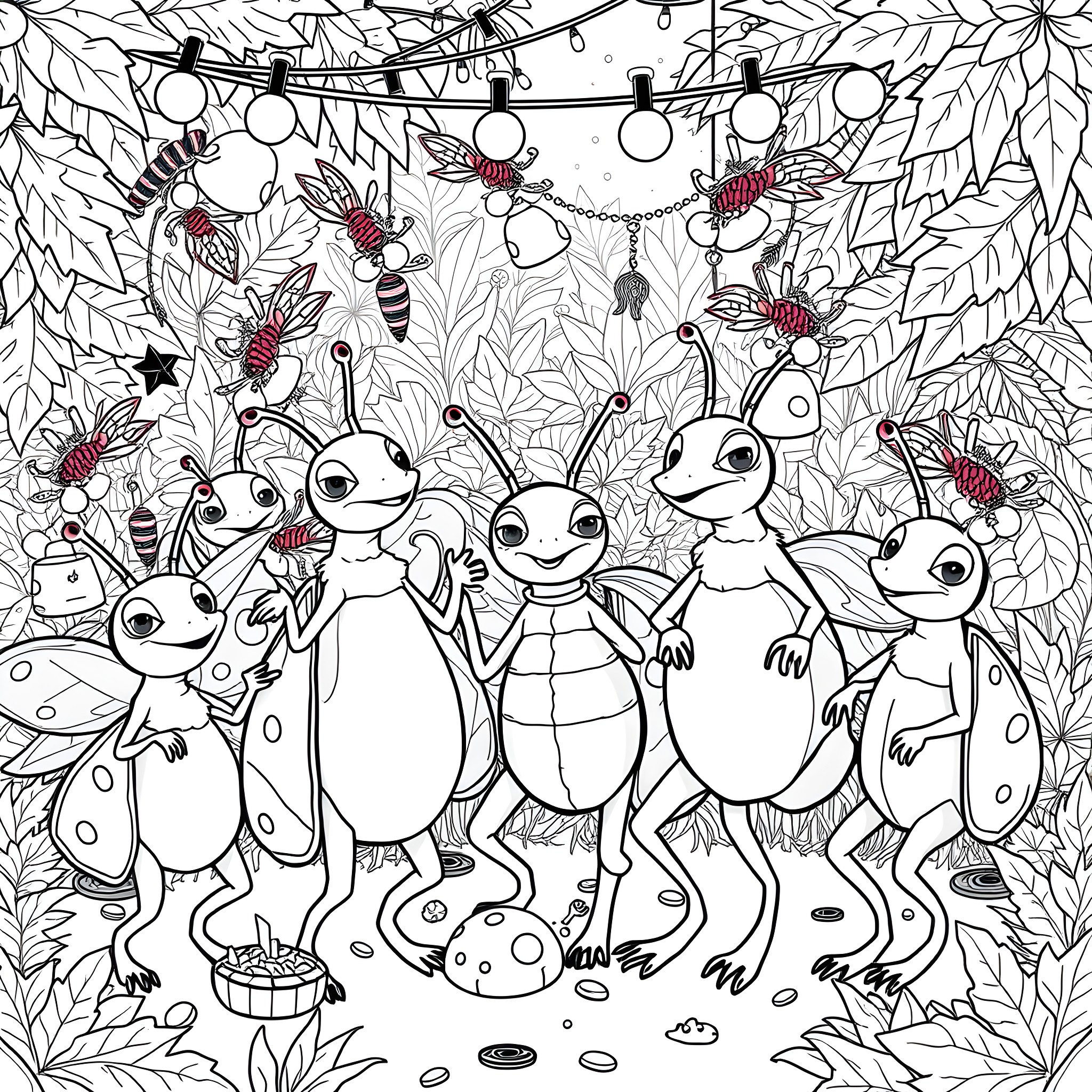 Bugsnax Creatures Gather for a Celebration Coloring Page (free black-and-white line drawing printable PDF for all, from beginners to advanced learners, including children, teens, adults, and seniors)