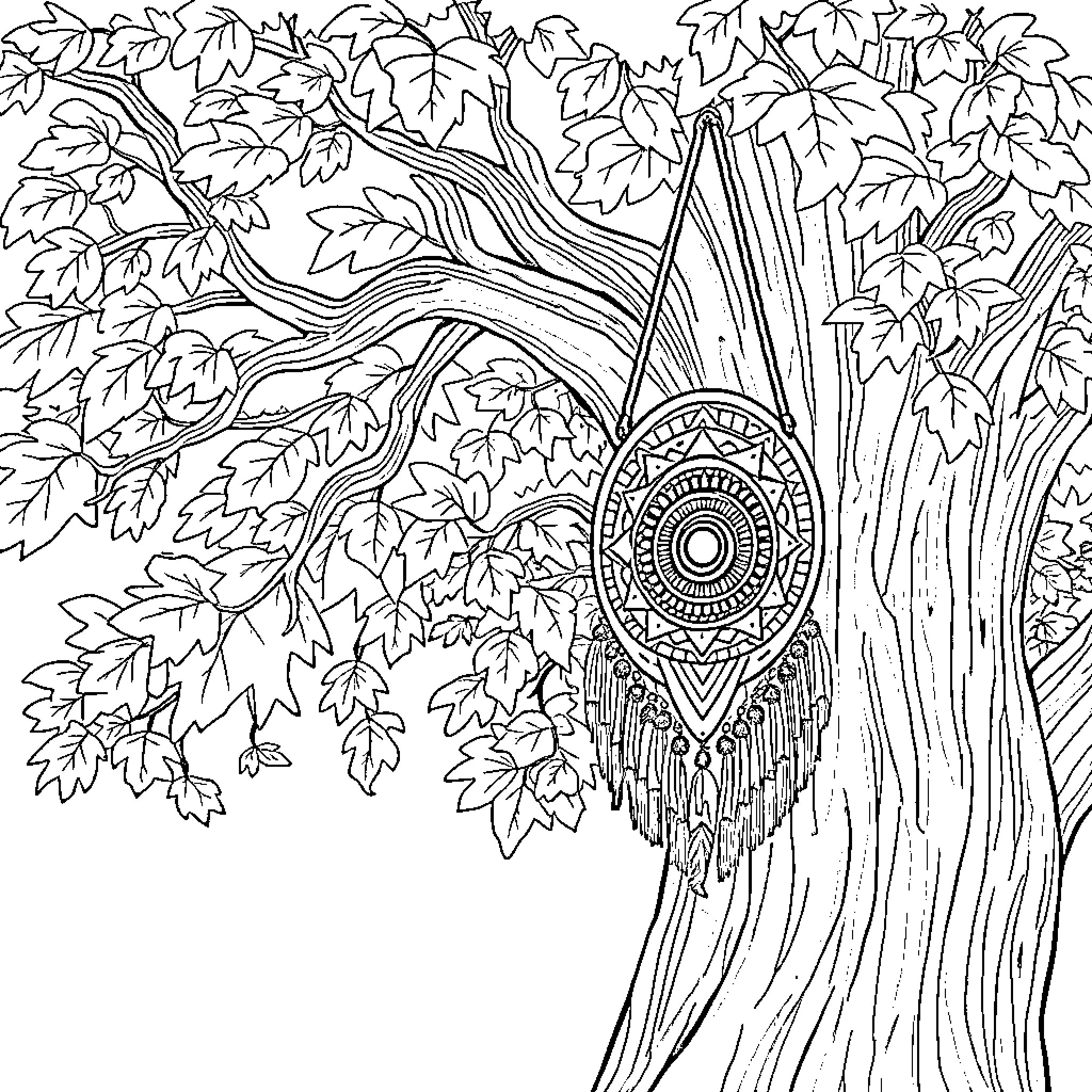 Shield of nature amidst foliage Coloring Page (free black-and-white line drawing printable PDF for all, from beginners to advanced learners, including children, teens, adults, and seniors)