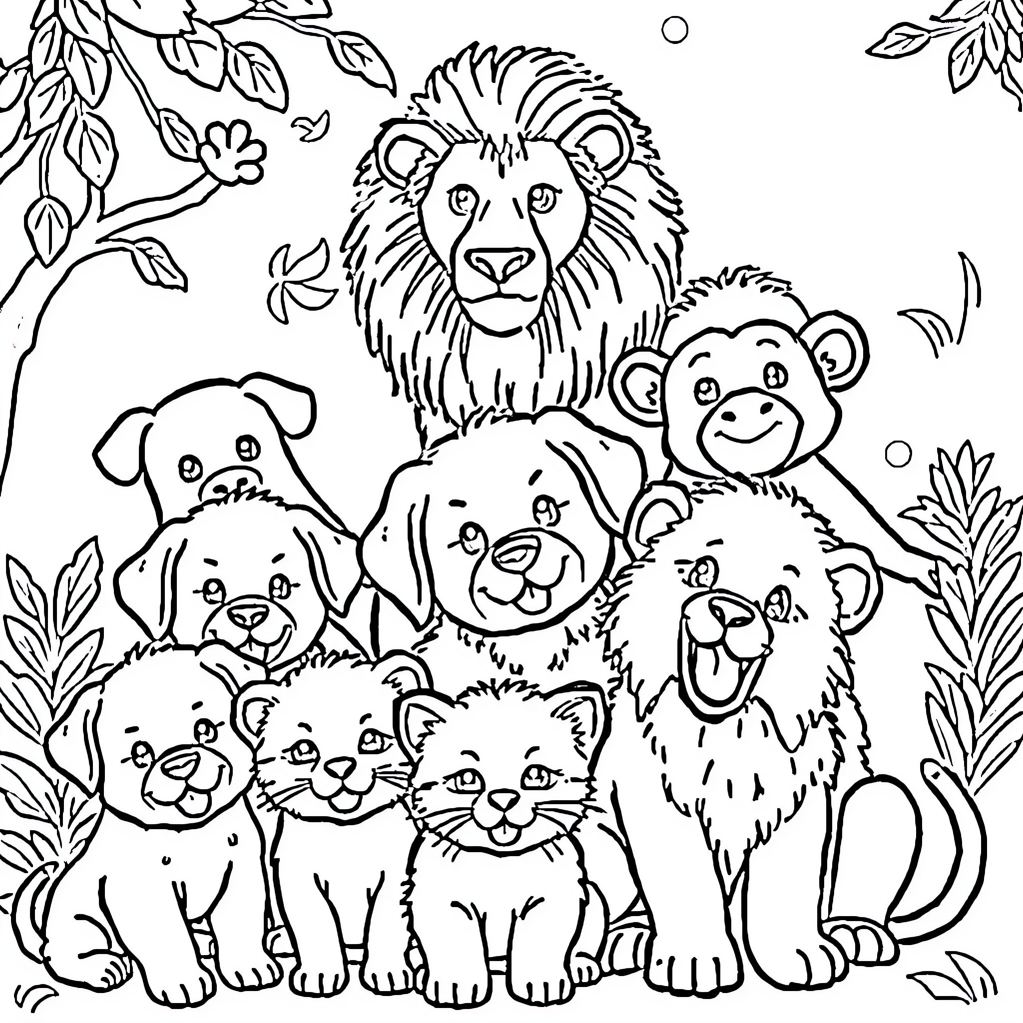 Animal friends in the forest Coloring Page (free black-and-white line drawing printable PDF for all, from beginners to advanced learners, including children, teens, adults, and seniors)
