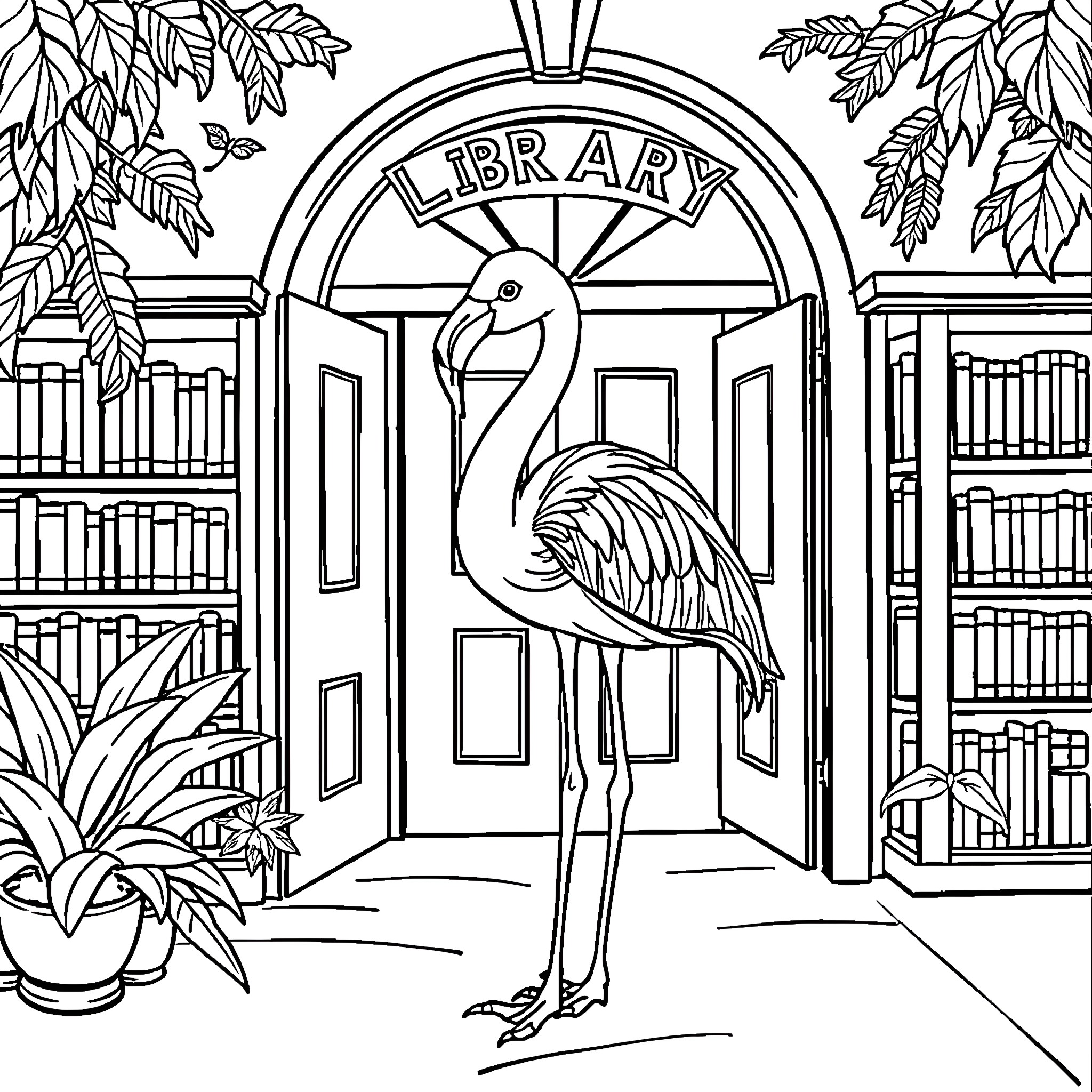 Flamingo Entering the Library Coloring Page (free black-and-white line drawing printable PDF for all, from beginners to advanced learners, including children, teens, adults, and seniors)
