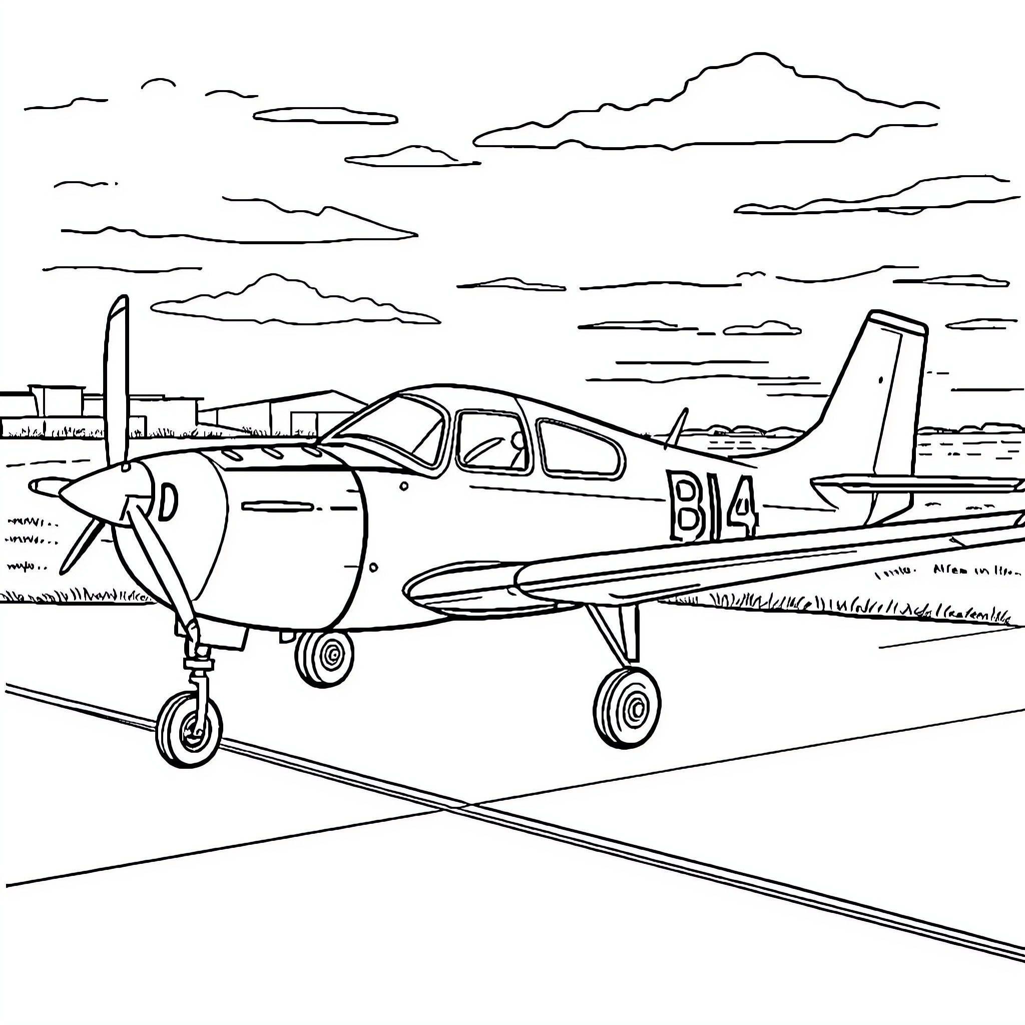 Plane parked on the runway in the airfield Coloring Page (free black-and-white line drawing printable PDF for all, from beginners to advanced learners, including children, teens, adults, and seniors)
