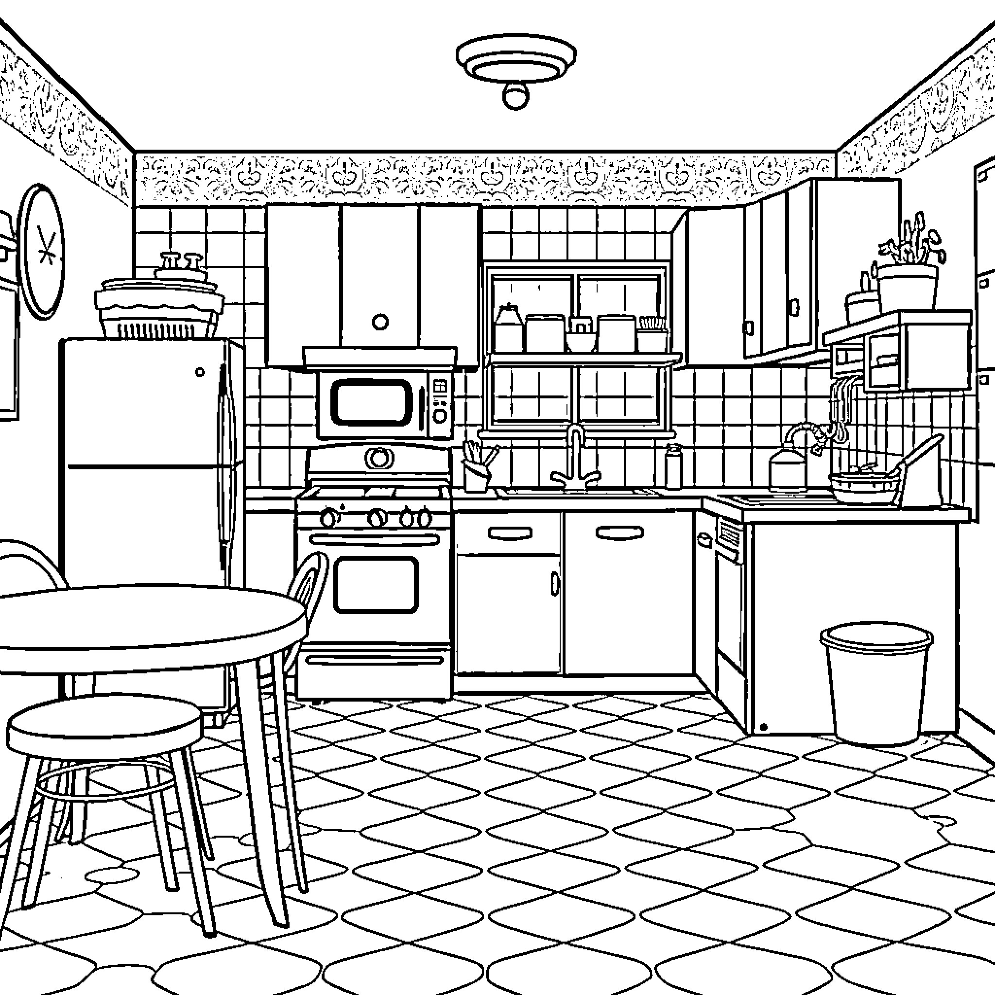 Kitchen with appliances, furniture, and decor Coloring Page (free black-and-white line drawing printable PDF for all, from beginners to advanced learners, including children, teens, adults, and seniors)