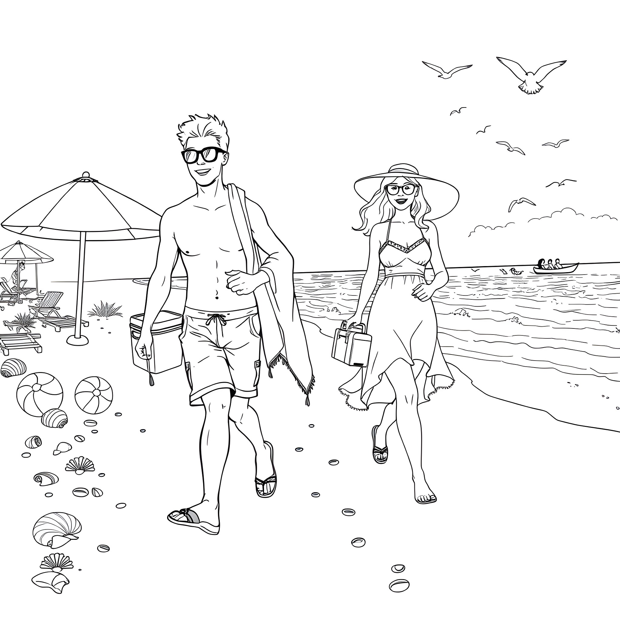 Beach scene with couple enjoying summer vacation Coloring Page (free black-and-white line drawing printable PDF for all, from beginners to advanced learners, including children, teens, adults, and seniors)