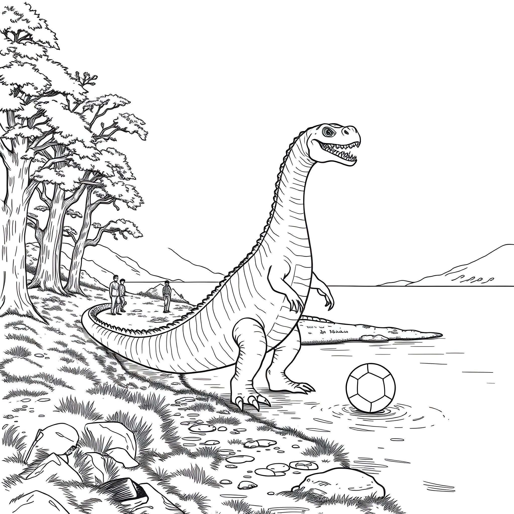 Loch Ness Monster playing with a soccer ball in the wild Coloring Page (free black-and-white line drawing printable PDF for all, from beginners to advanced learners, including children, teens, adults, and seniors)
