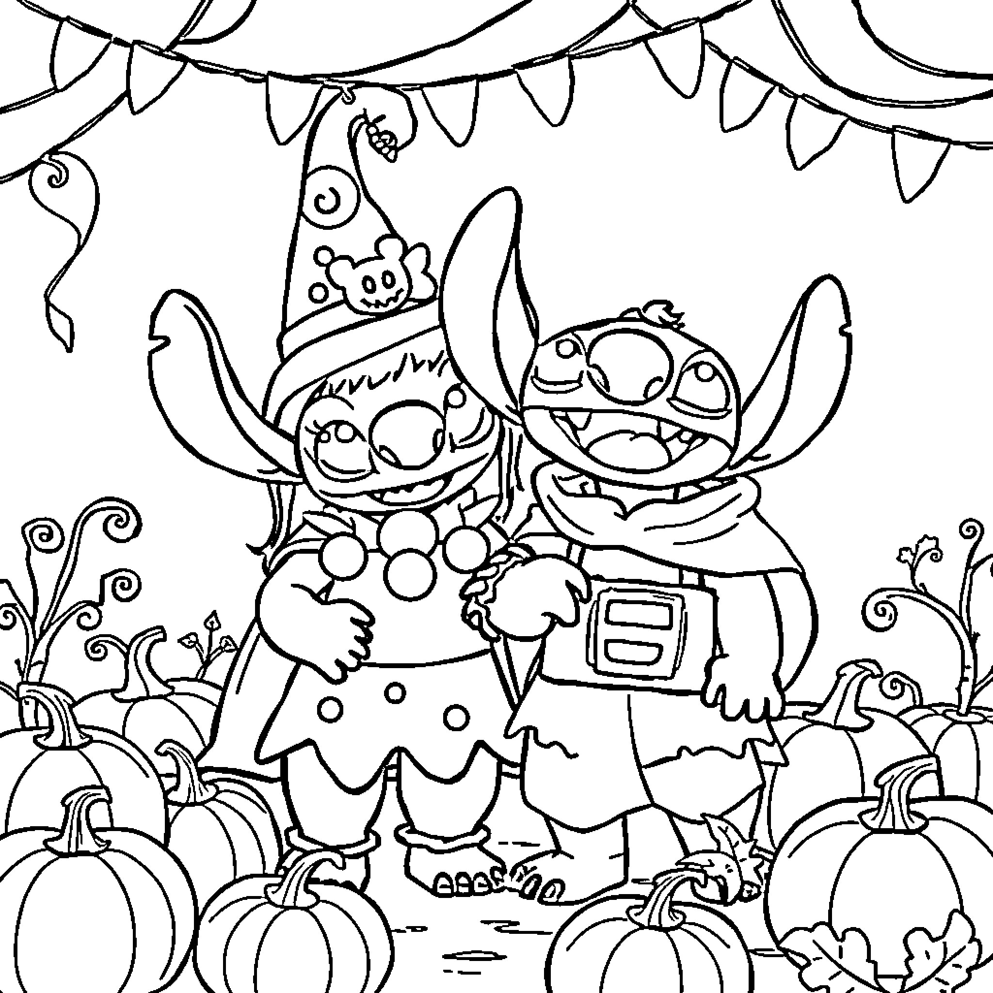 Lilo and Stitch's Halloween Adventure Coloring Page (free black-and-white line drawing printable PDF for all, from beginners to advanced learners, including children, teens, adults, and seniors)