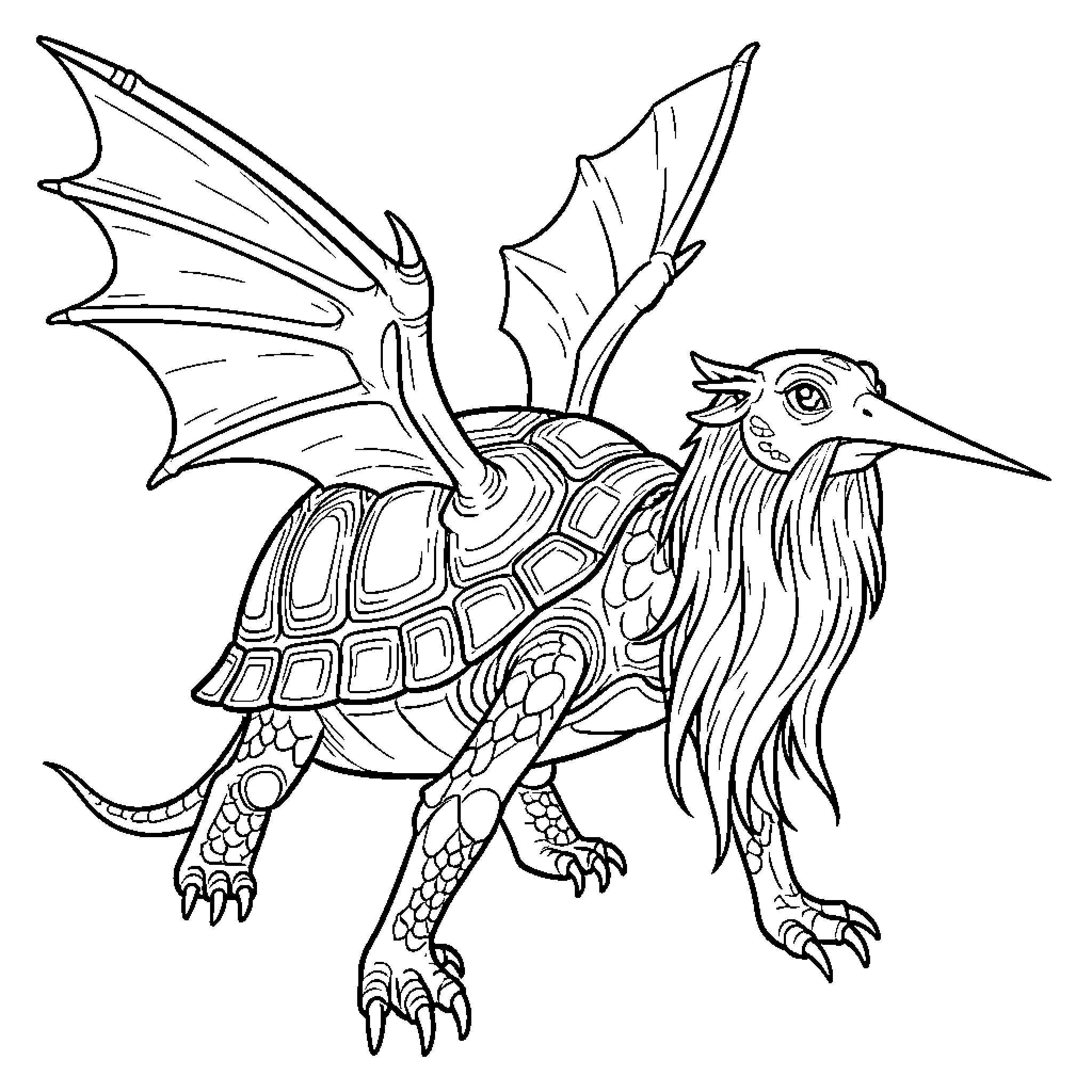 Turtle with Winged Mechanical Appearance Coloring Page (free black-and-white line drawing printable PDF for all, from beginners to advanced learners, including children, teens, adults, and seniors)