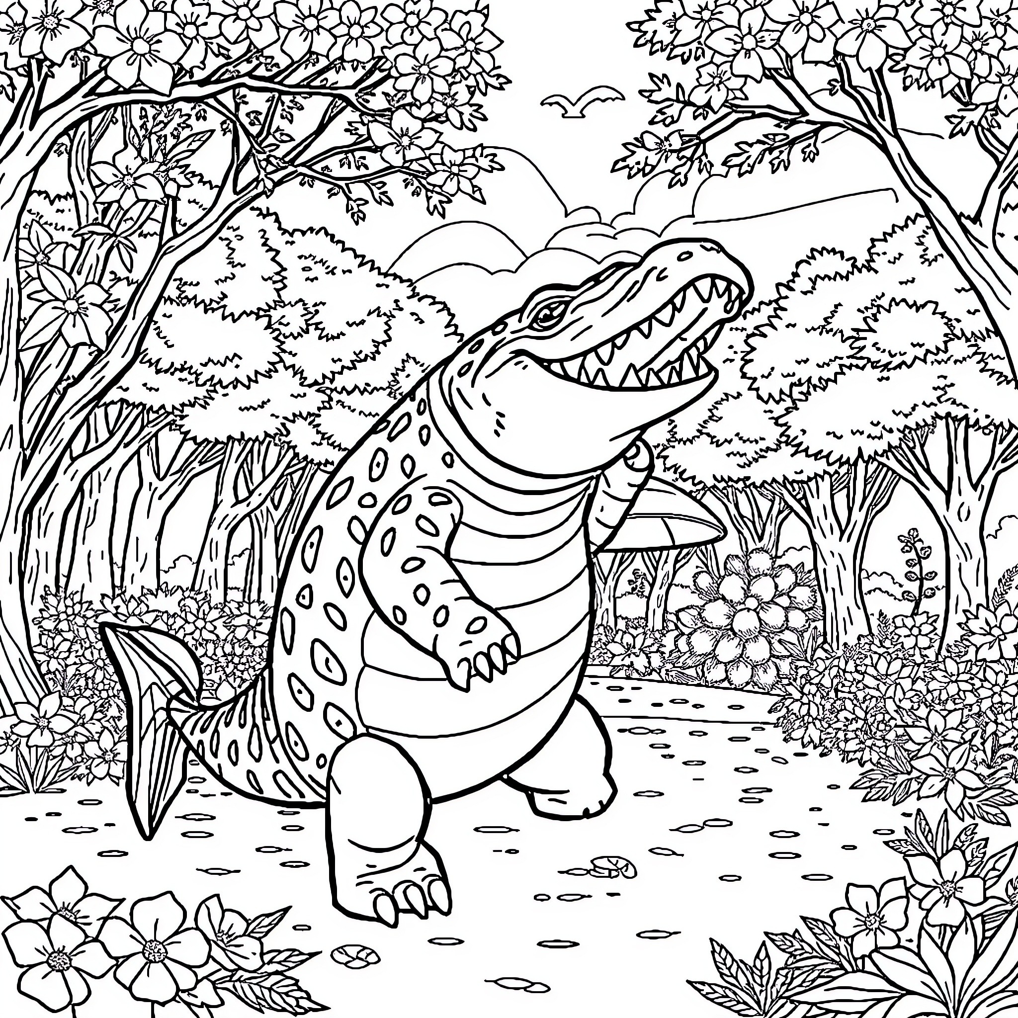 Shark exploring the lush forest landscape Coloring Page (free black-and-white line drawing printable PDF for all, from beginners to advanced learners, including children, teens, adults, and seniors)
