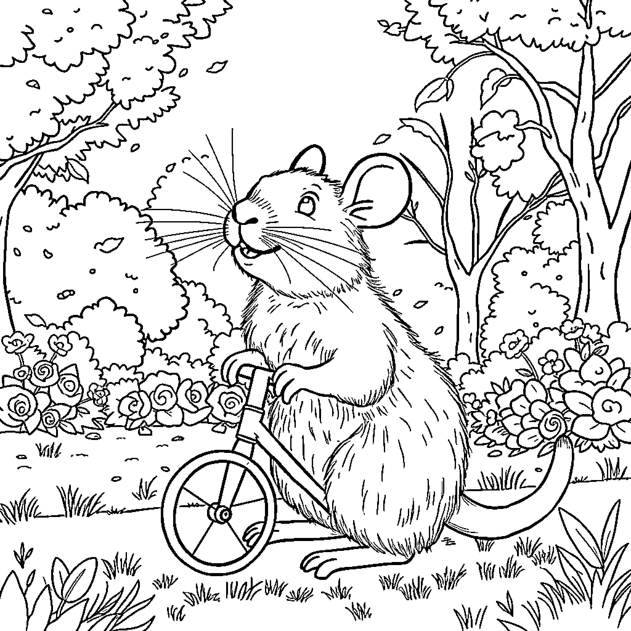 Raccoon riding a tricycle in the forest Coloring Page (free black-and-white line drawing printable PDF for all, from beginners to advanced learners, including children, teens, adults, and seniors)