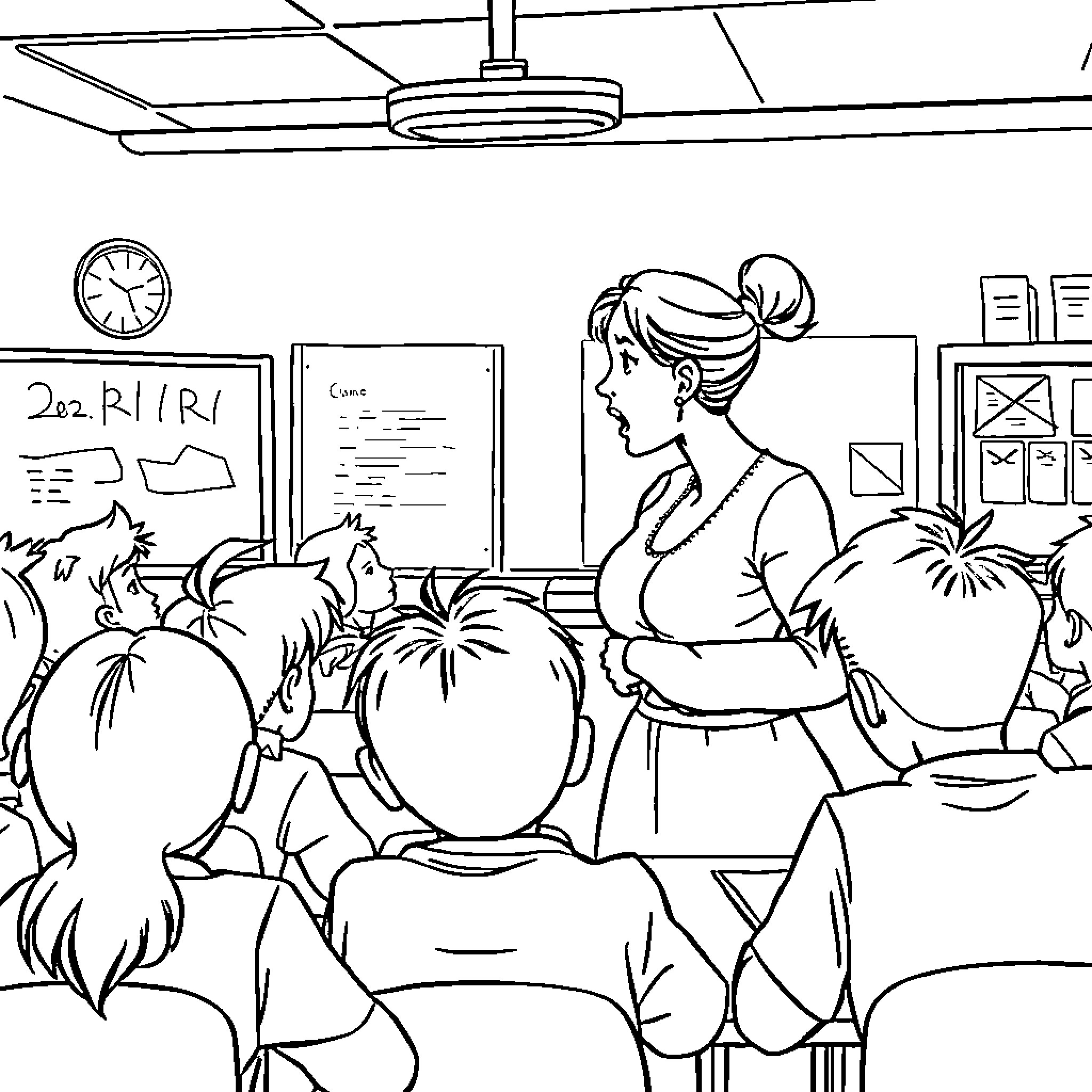 Teacher leading an engaging classroom discussion Coloring Page (free black-and-white line drawing printable PDF for all, from beginners to advanced learners, including children, teens, adults, and seniors)
