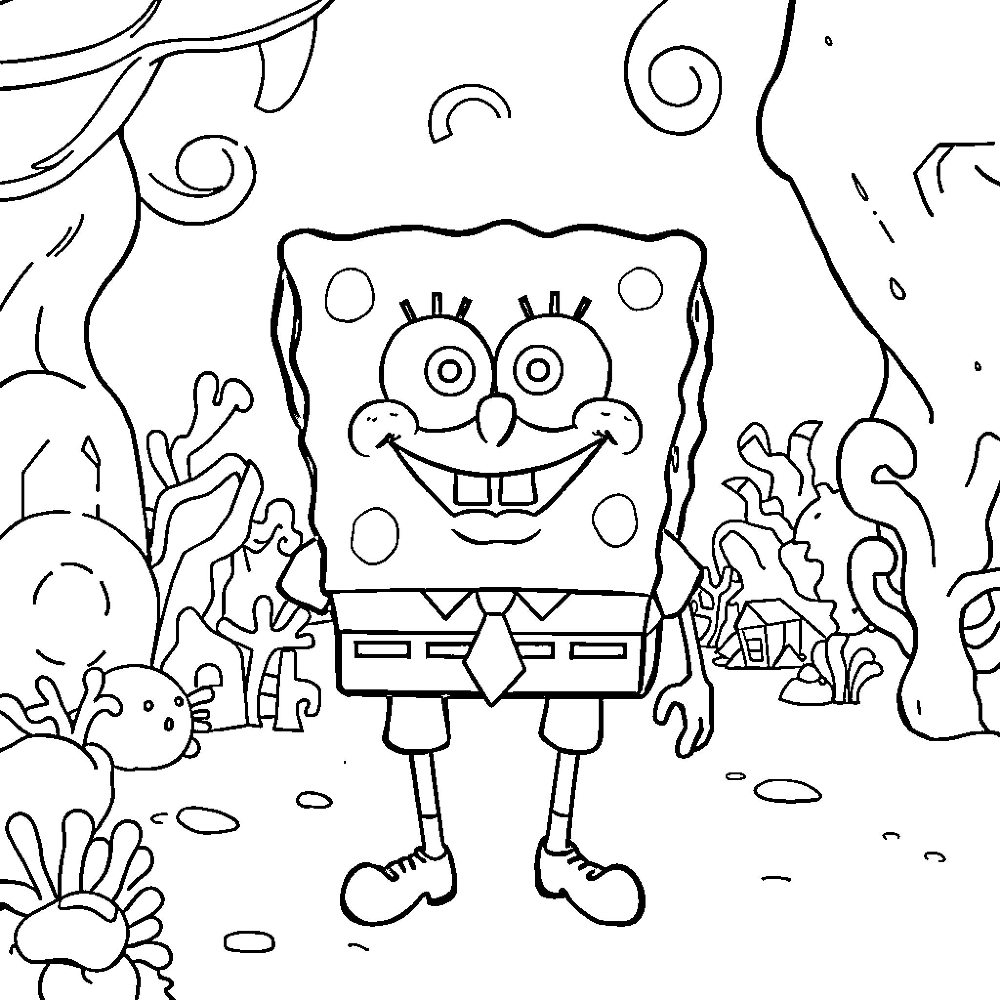 Spongebob's Joyful Adventures in Bikini Bottom Coloring Page (free black-and-white line drawing printable PDF for all, from beginners to advanced learners, including children, teens, adults, and seniors)