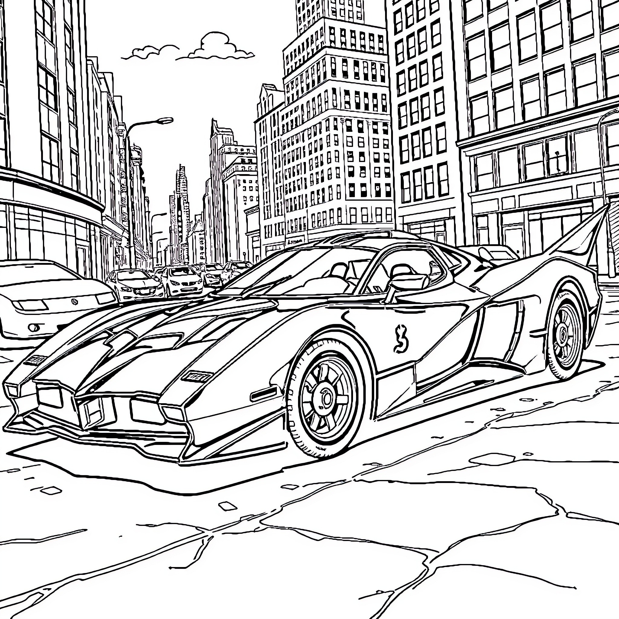 Batmobile speeding through bustling city streets Coloring Page (free black-and-white line drawing printable PDF for all, from beginners to advanced learners, including children, teens, adults, and seniors)