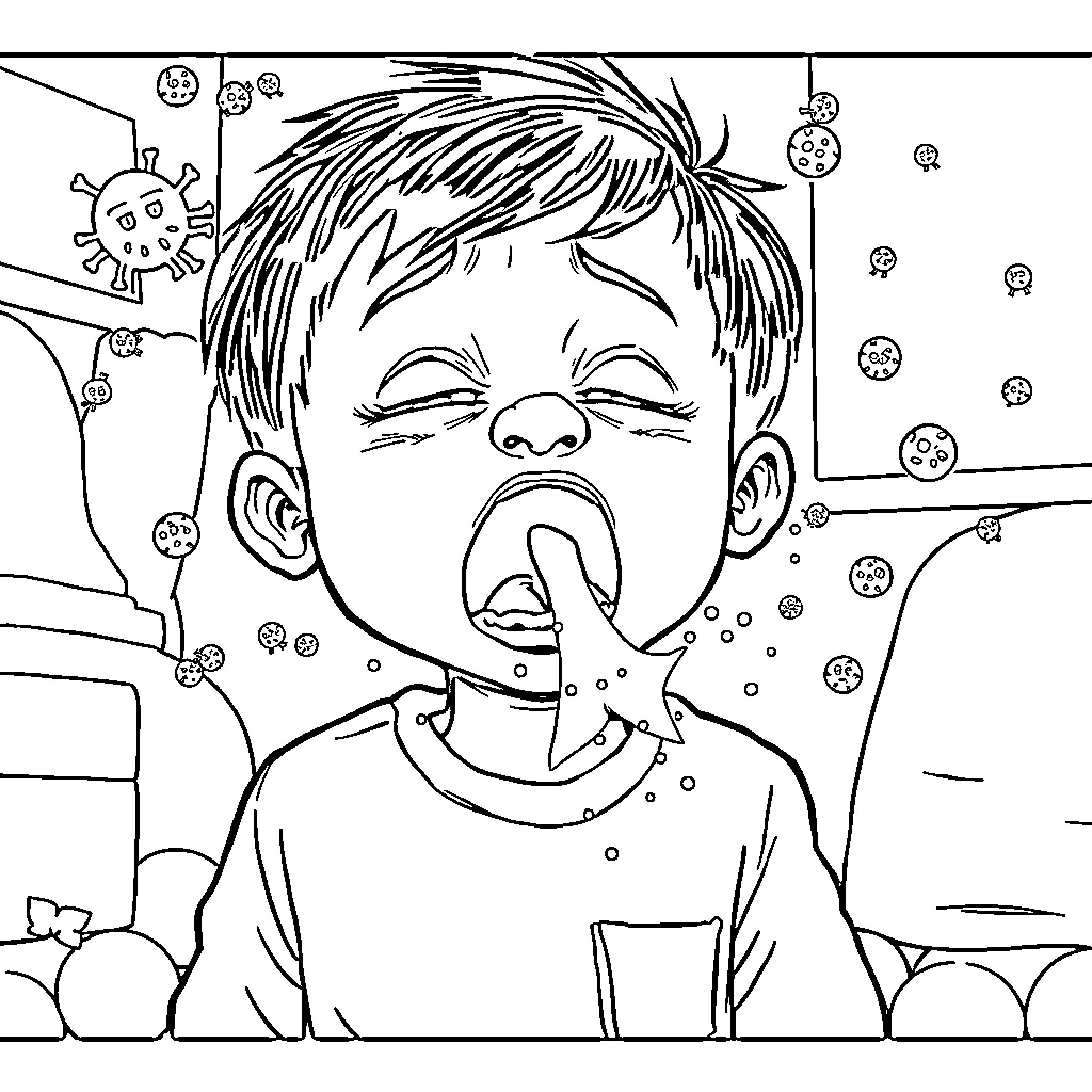 Kid with a cold sneezing amid germs Coloring Page (free black-and-white line drawing printable PDF for all, from beginners to advanced learners, including children, teens, adults, and seniors)