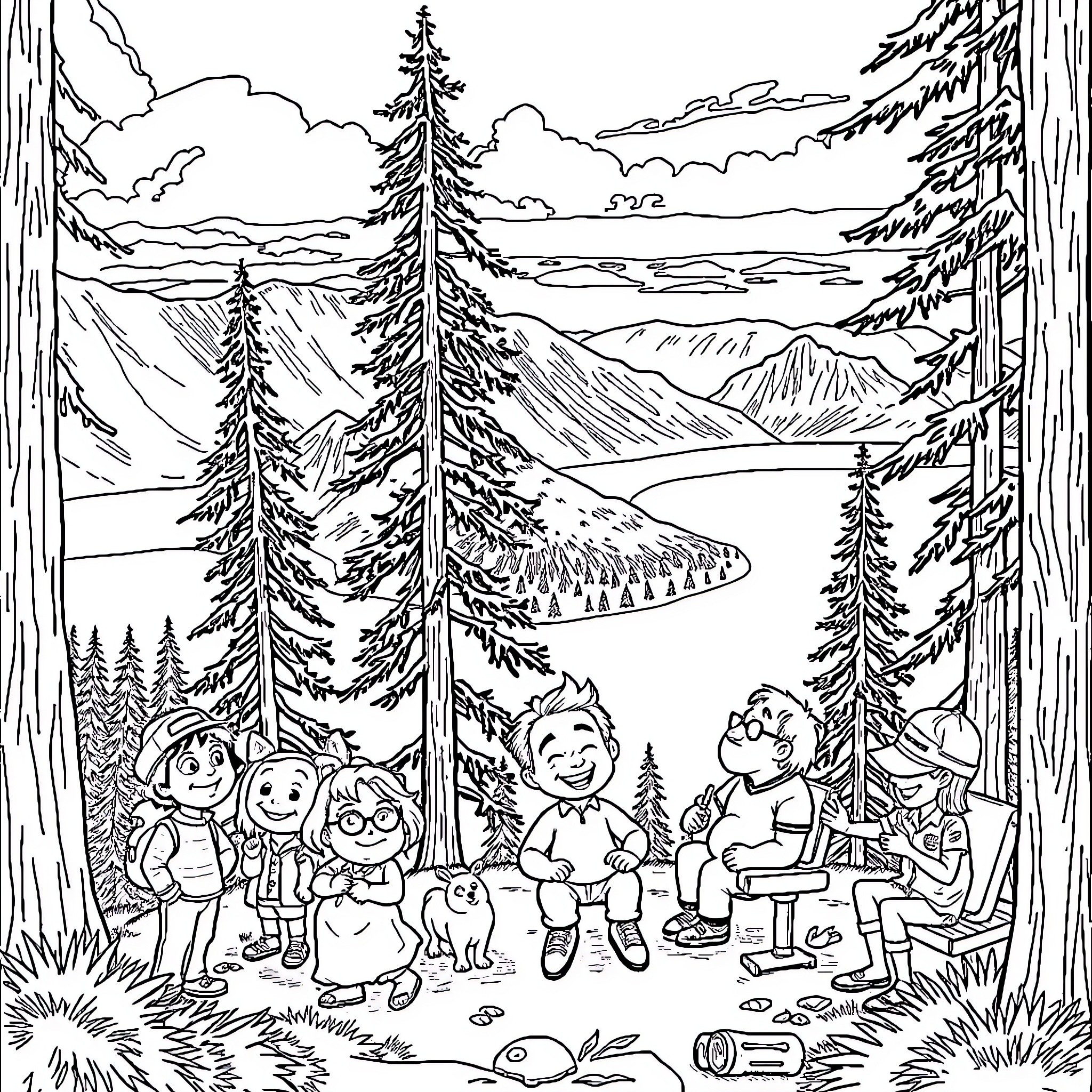 Robin Williams and friends enjoy scenic outdoor adventure Coloring Page (free black-and-white line drawing printable PDF for all, from beginners to advanced learners, including children, teens, adults, and seniors)