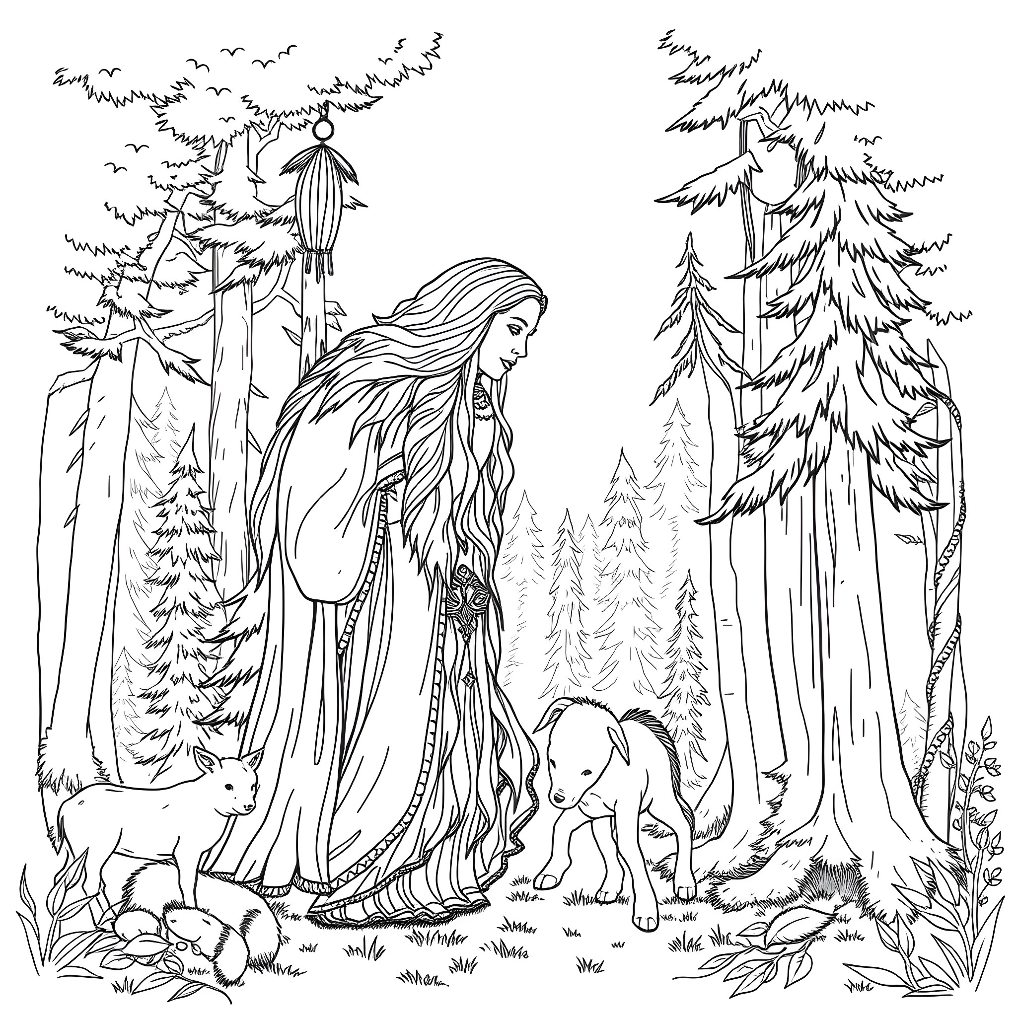 Great Spirit in the Enchanted Forest Coloring Page (free black-and-white line drawing printable PDF for all, from beginners to advanced learners, including children, teens, adults, and seniors)