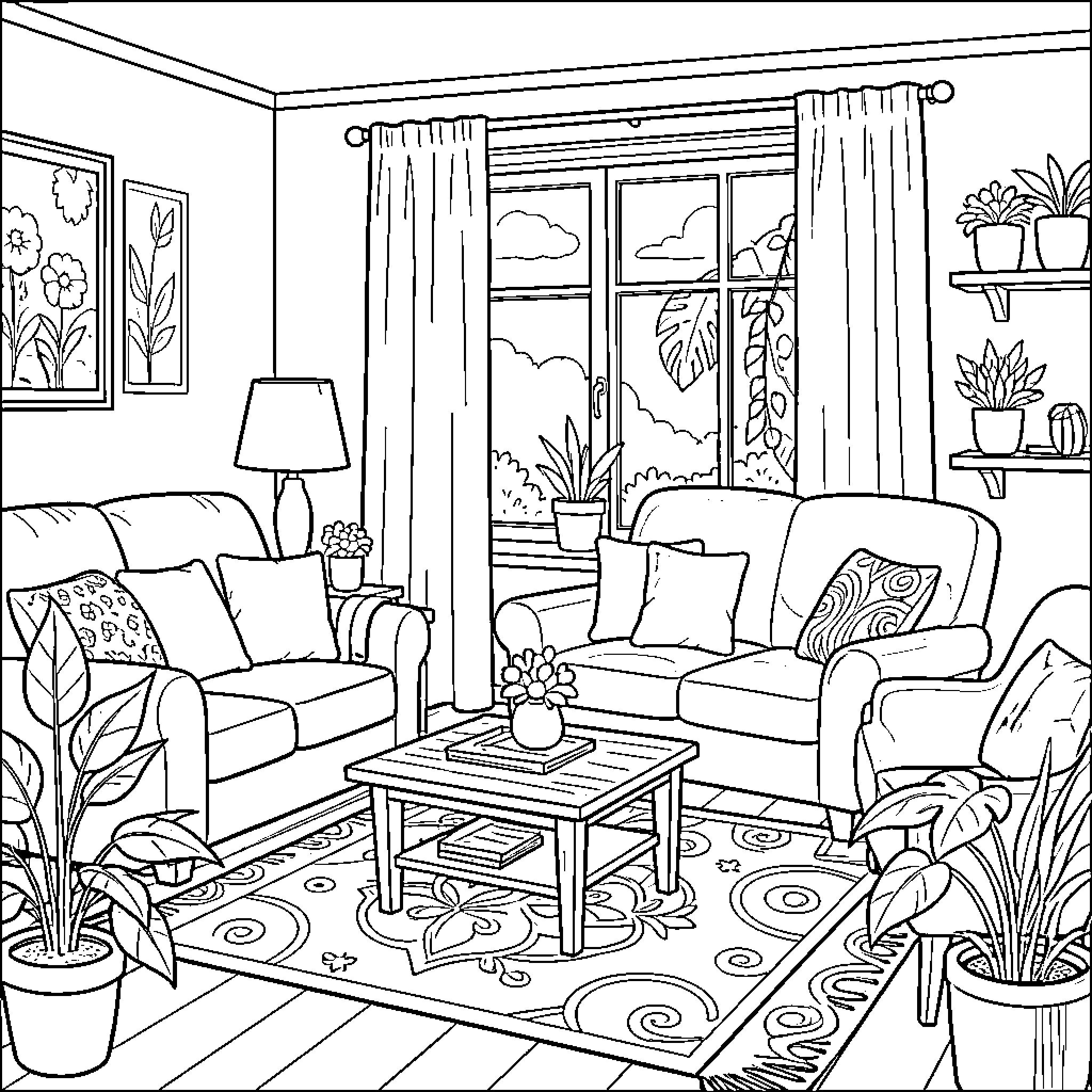 Painting of a Cozy Living Room with Plants and Decor Coloring Page (free black-and-white line drawing printable PDF for all, from beginners to advanced learners, including children, teens, adults, and seniors)