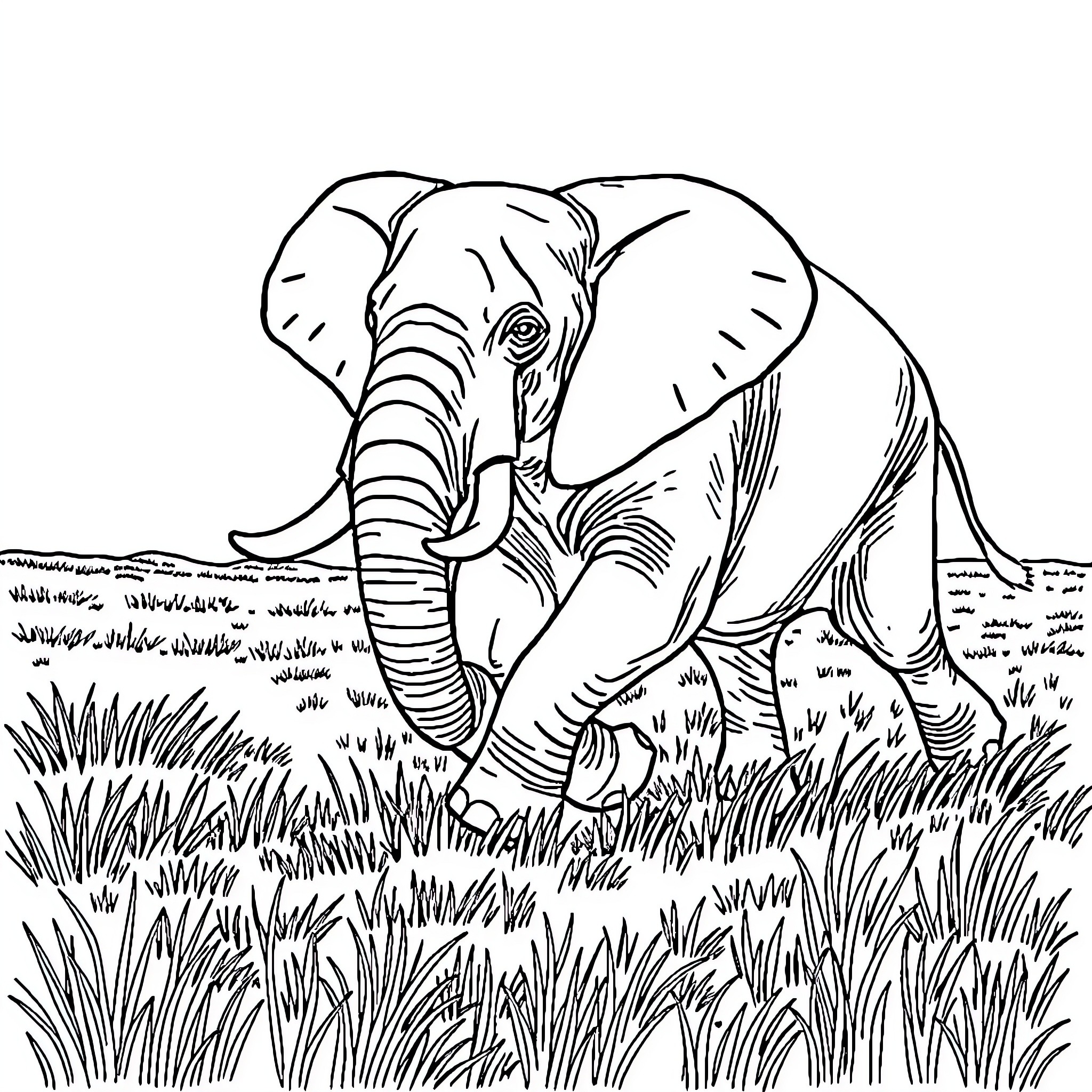 Elephant in the Wilderness Coloring Page (free black-and-white line drawing printable PDF for all, from beginners to advanced learners, including children, teens, adults, and seniors)
