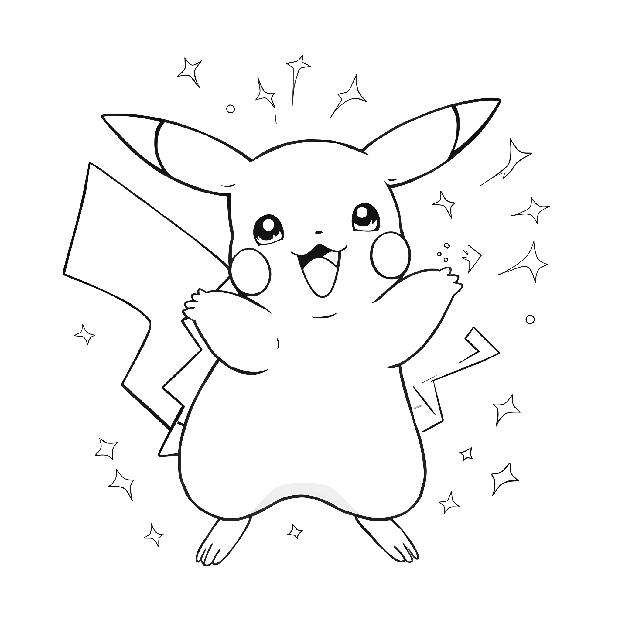 Pikachu Posing Happily with Sparkles Coloring Page (free black-and-white line drawing printable PDF for all, from beginners to advanced learners, including children, teens, adults, and seniors)