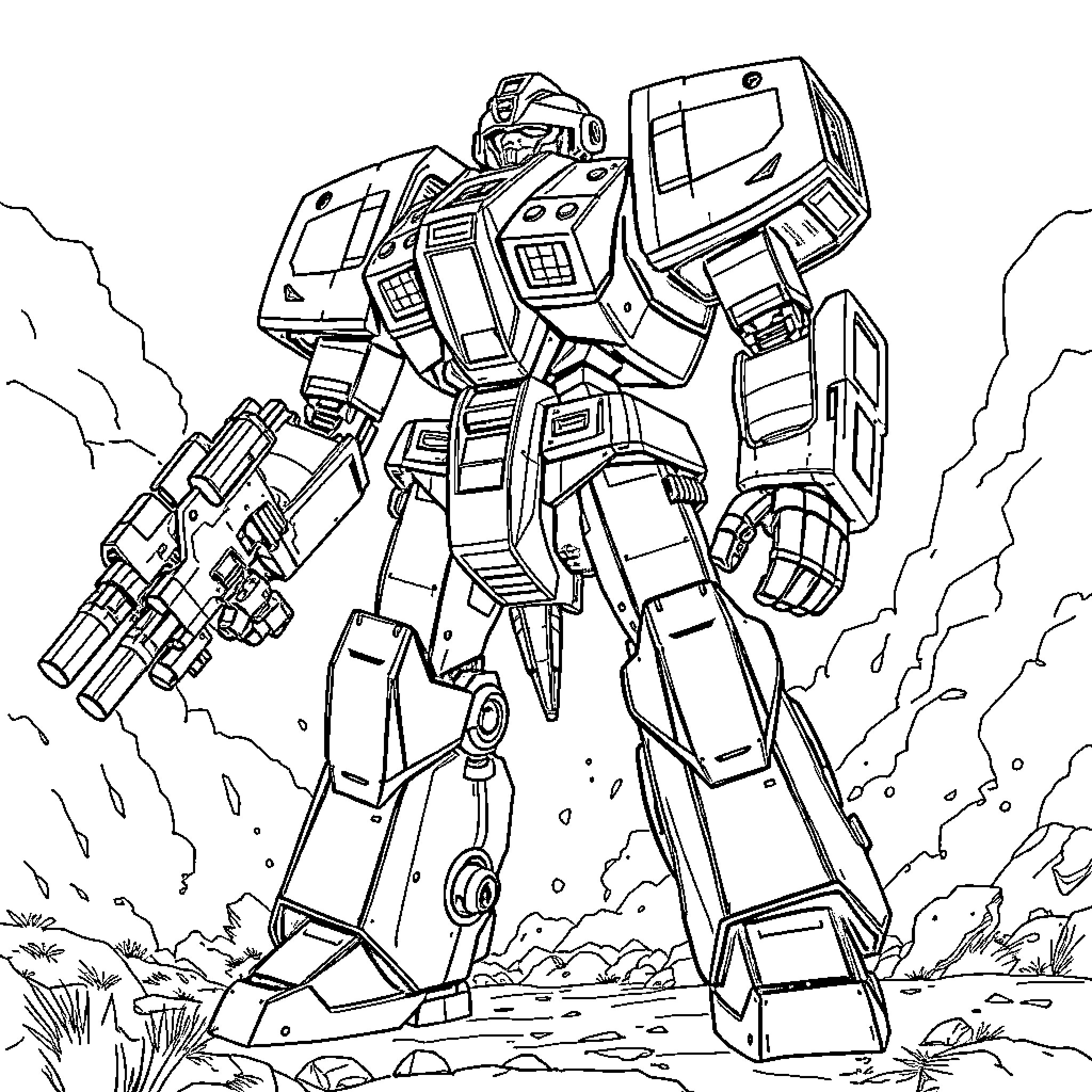 Robot Warrior Wielding Powerful Weaponry in Battle Stance Coloring Page (free black-and-white line drawing printable PDF for all, from beginners to advanced learners, including children, teens, adults, and seniors)
