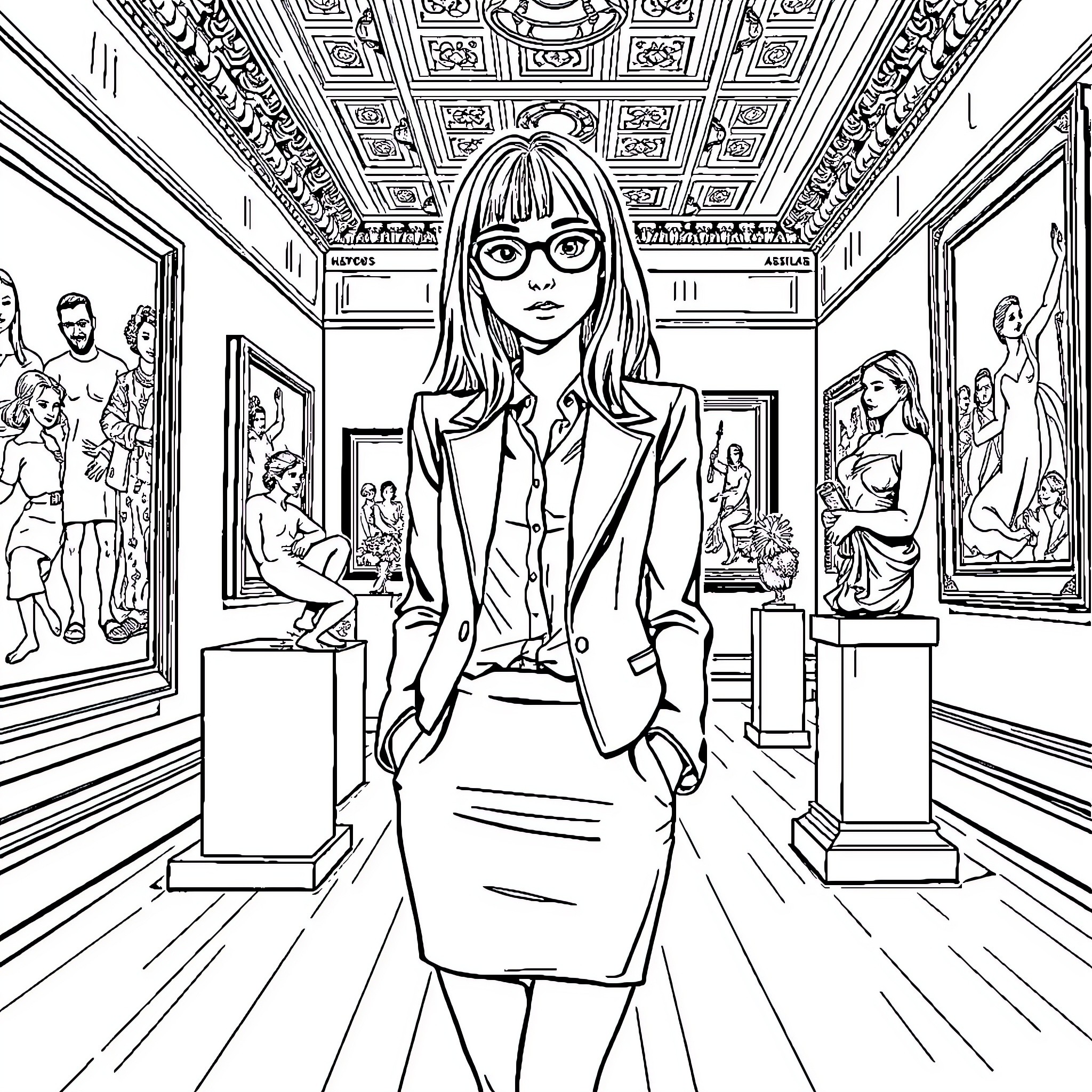 Girl in Suit Explores Elegant Art Gallery Coloring Page (free black-and-white line drawing printable PDF for all, from beginners to advanced learners, including children, teens, adults, and seniors)