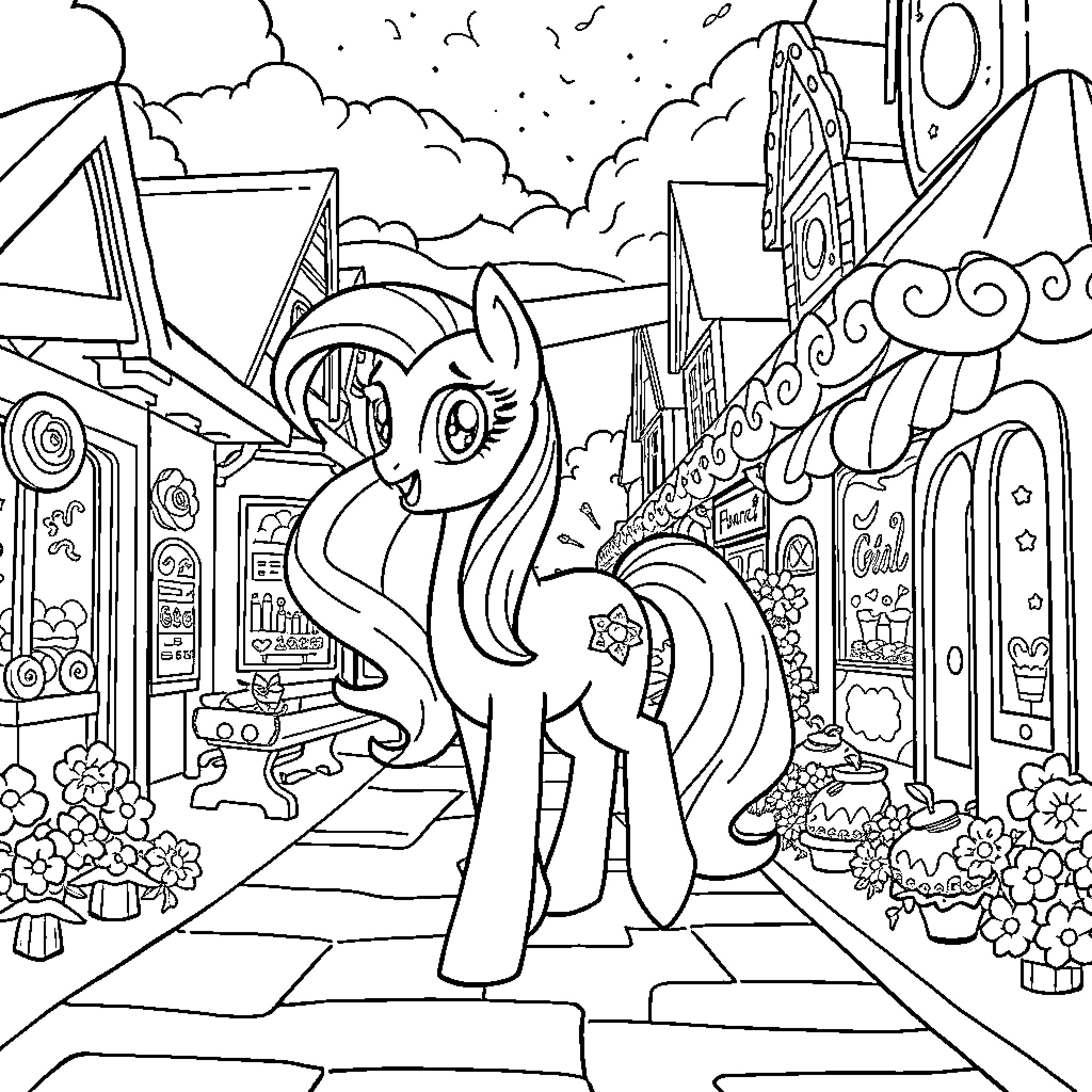 Twilight Sparkle explores the magical town Coloring Page (free black-and-white line drawing printable PDF for all, from beginners to advanced learners, including children, teens, adults, and seniors)