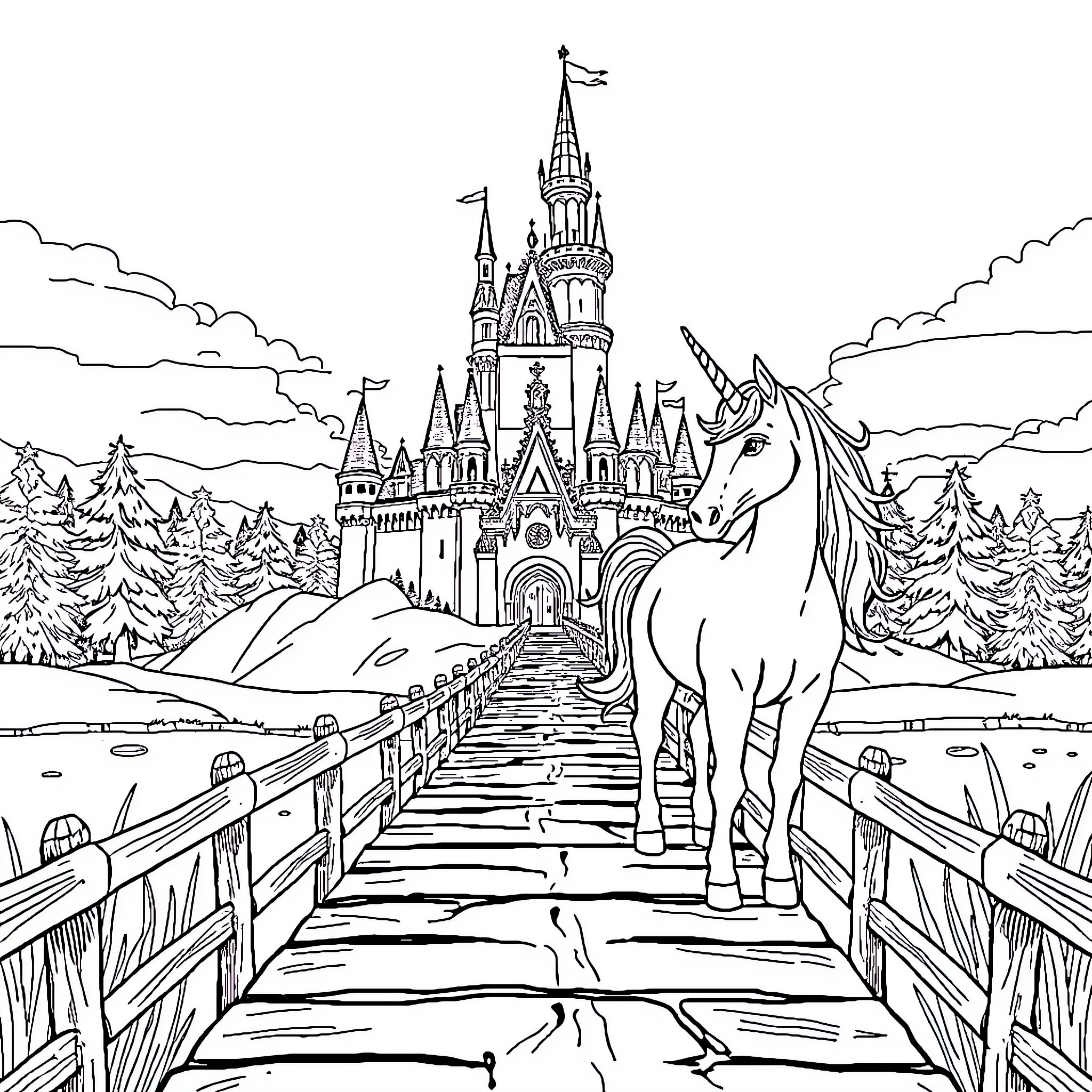 Unicorn guarding a magical castle in the snowy forest Coloring Page (free black-and-white line drawing printable PDF for all, from beginners to advanced learners, including children, teens, adults, and seniors)