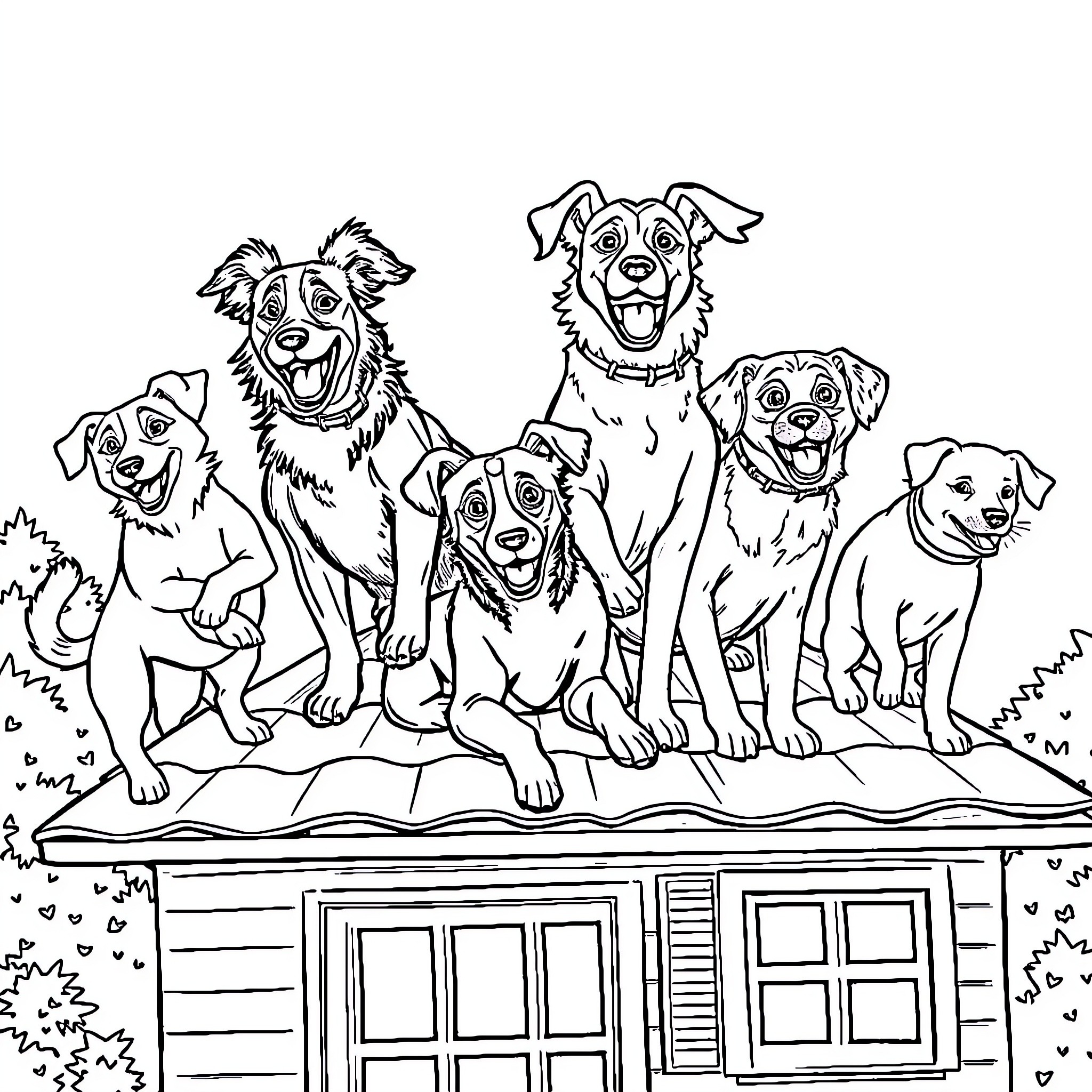 Dog friends happily sitting on a porch Coloring Page (free black-and-white line drawing printable PDF for all, from beginners to advanced learners, including children, teens, adults, and seniors)